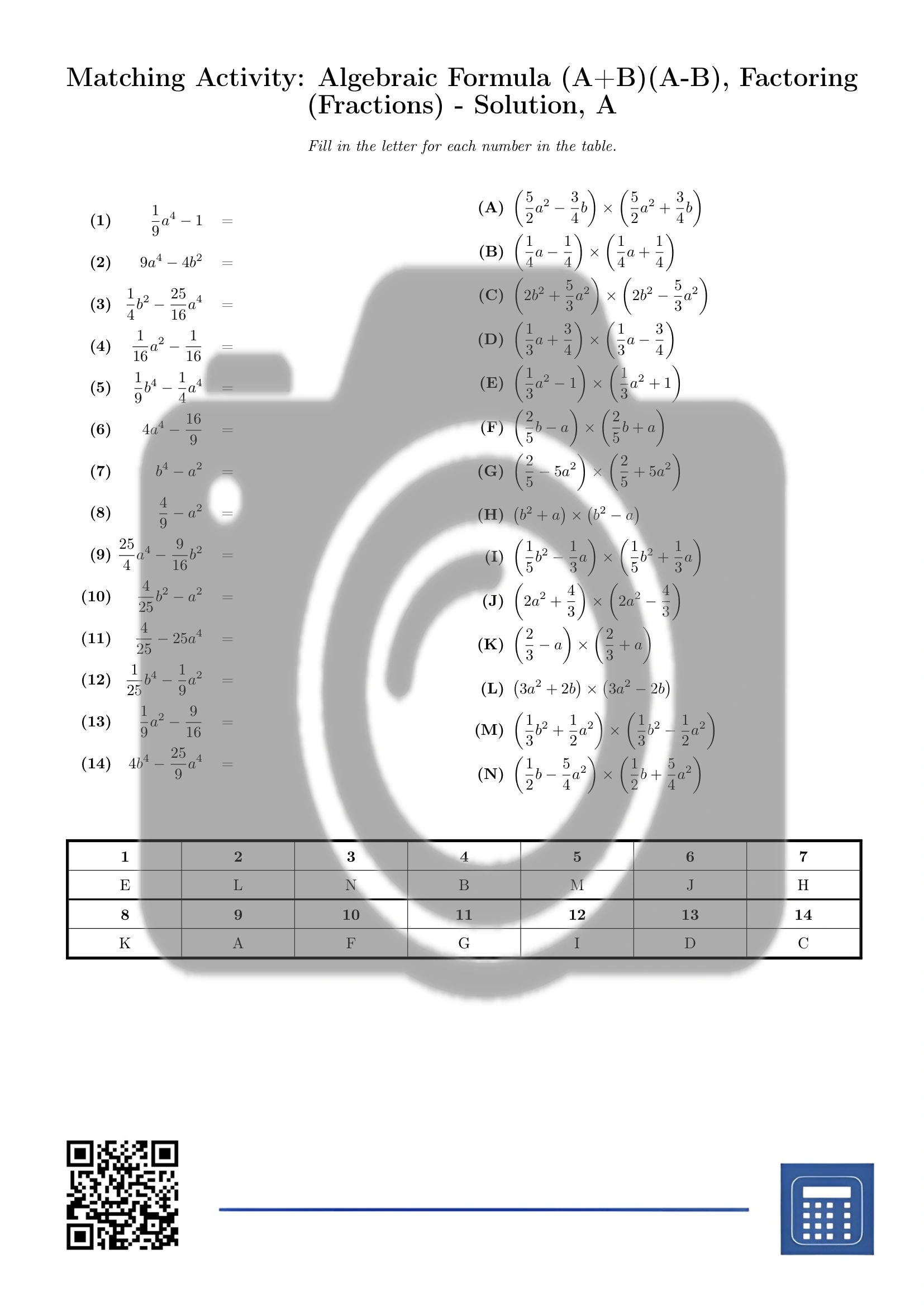 Matching activity: Algebraic Formula (A+B)(A-B), Factoring (Fractions) - Image 3