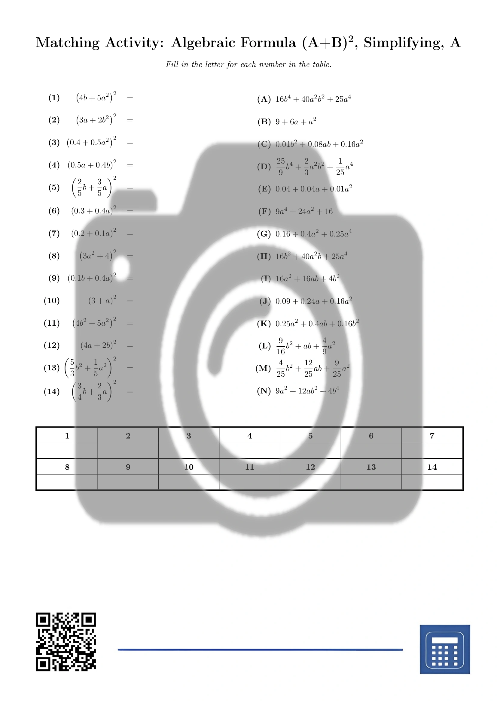 Matching activity: Algebraic Formula (A+B)², Simplifying - Image 2