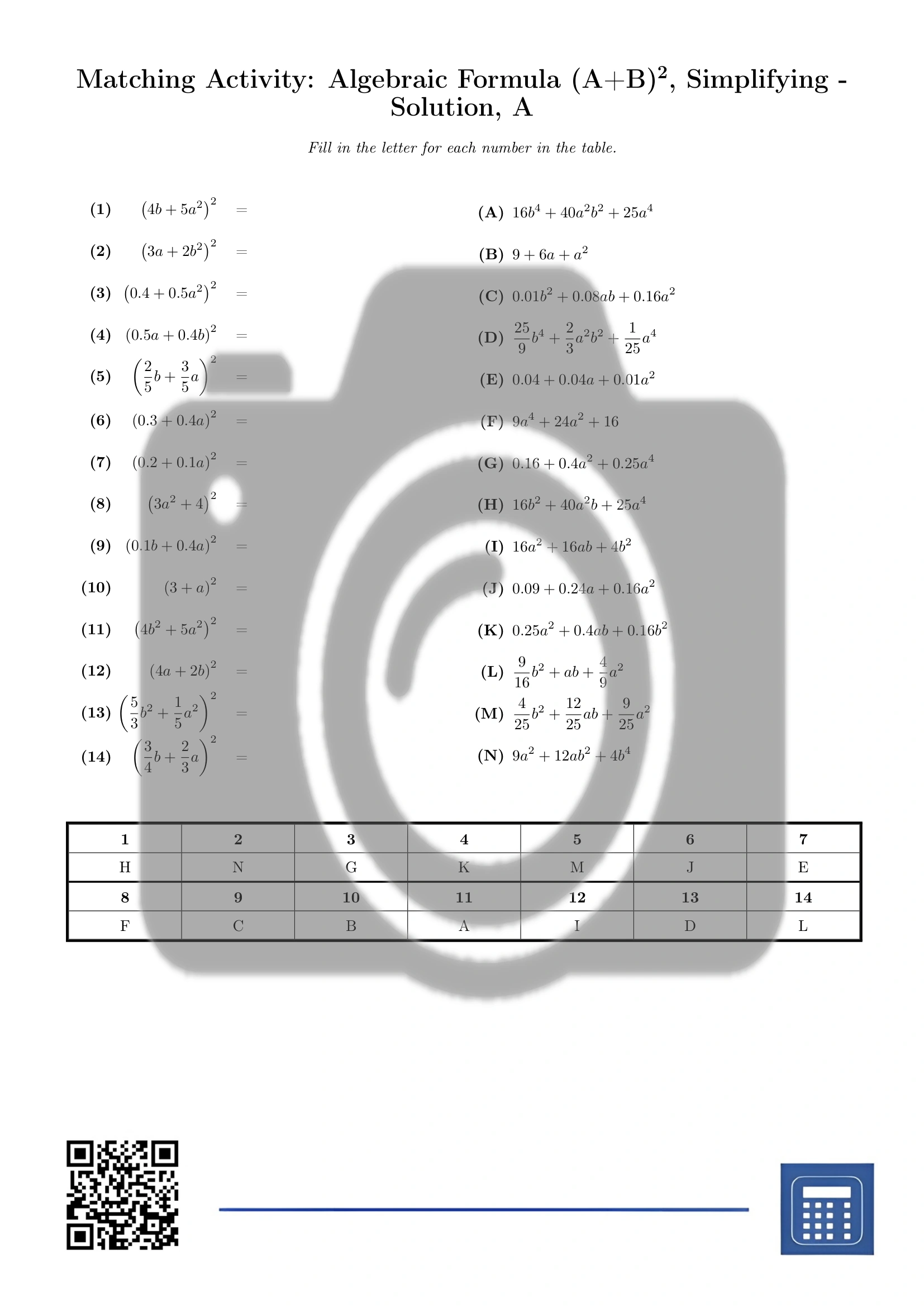 Matching activity: Algebraic Formula (A+B)², Simplifying - Image 3