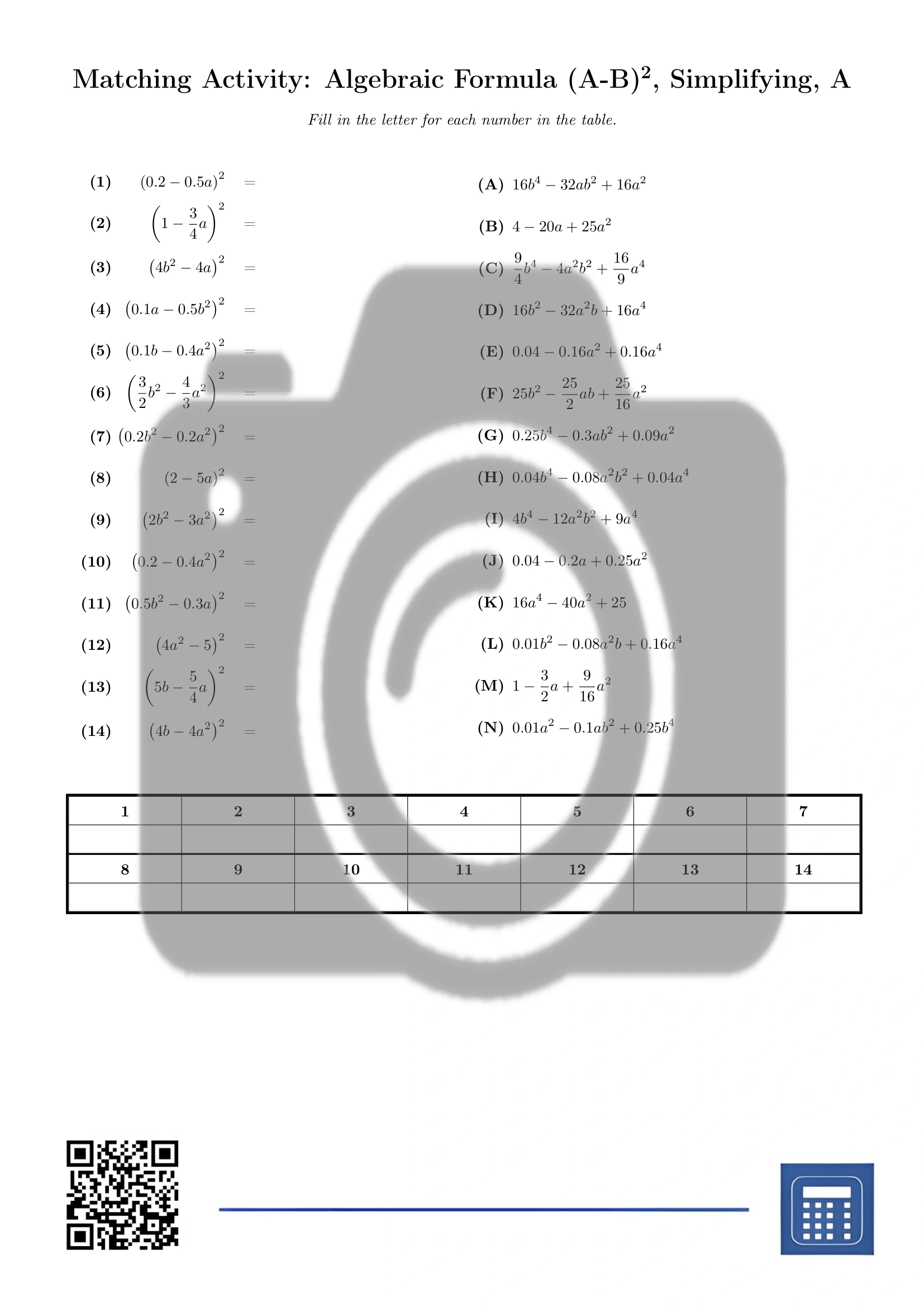 Matching activity: Algebraic Formula (A-B)², Simplifying - Image 2