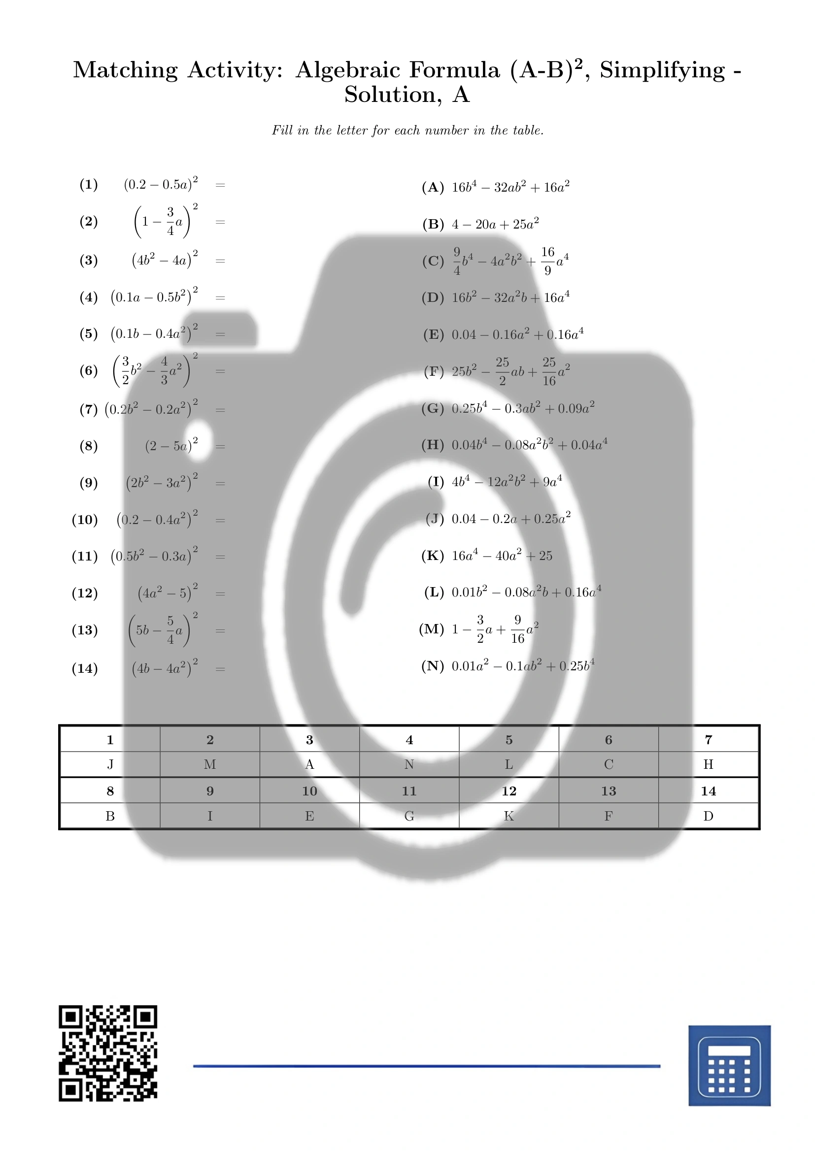 Matching activity: Algebraic Formula (A-B)², Simplifying - Image 3