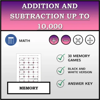 Memory matching game: Addition and Subtraction up to 10,000