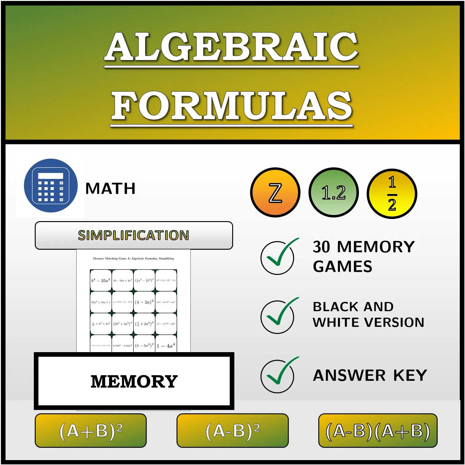 Memory matching game: Algebraic Formulas, Simplifying