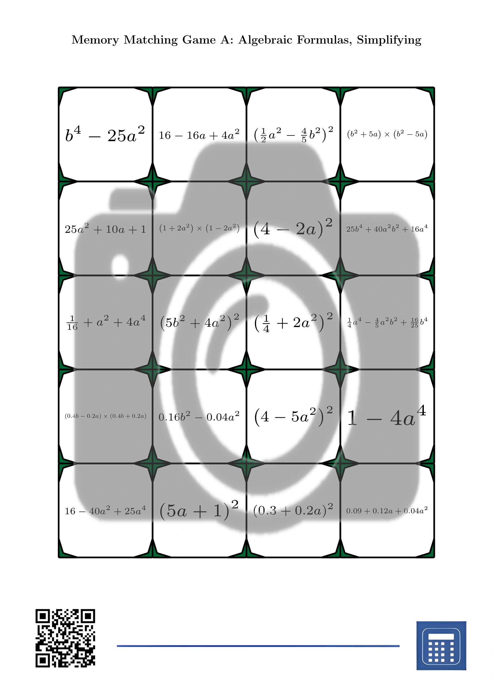 Memory matching game: Algebraic Formulas, Simplifying - Image 2