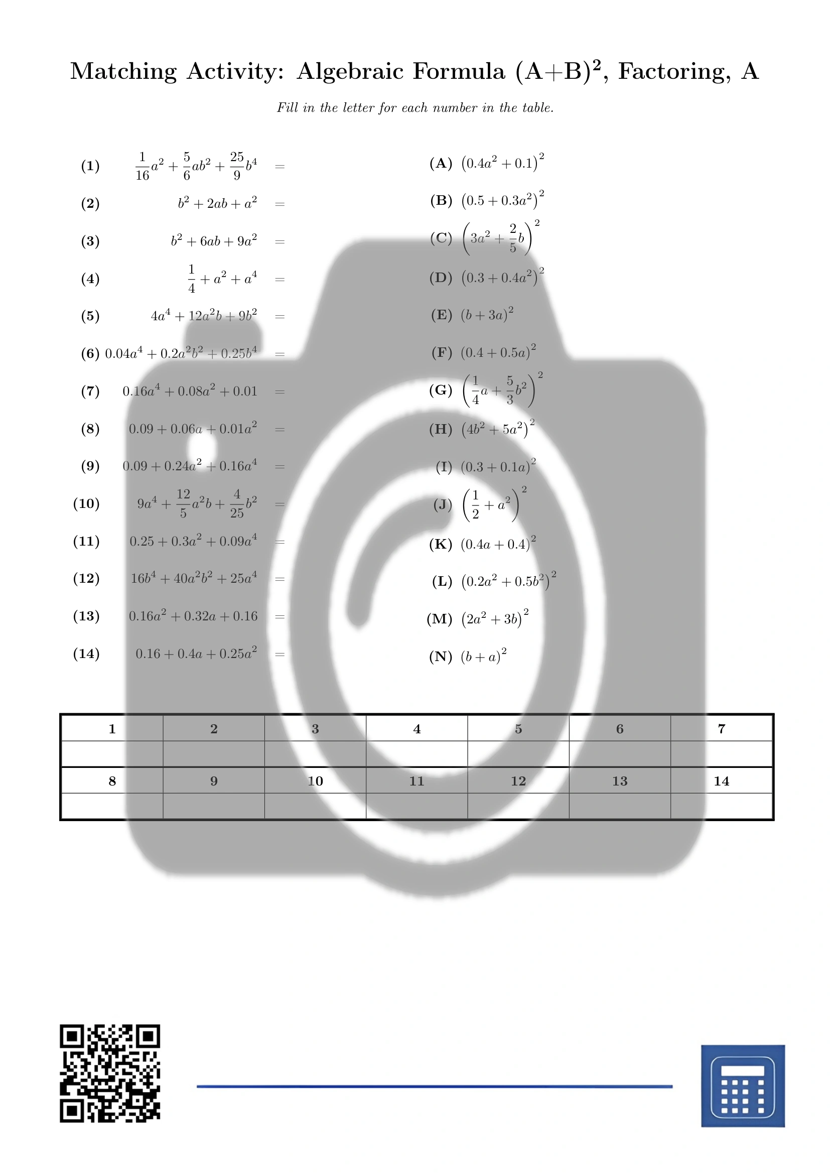 Matching activity: Algebraic Formula (A+B)², Factoring - Image 2