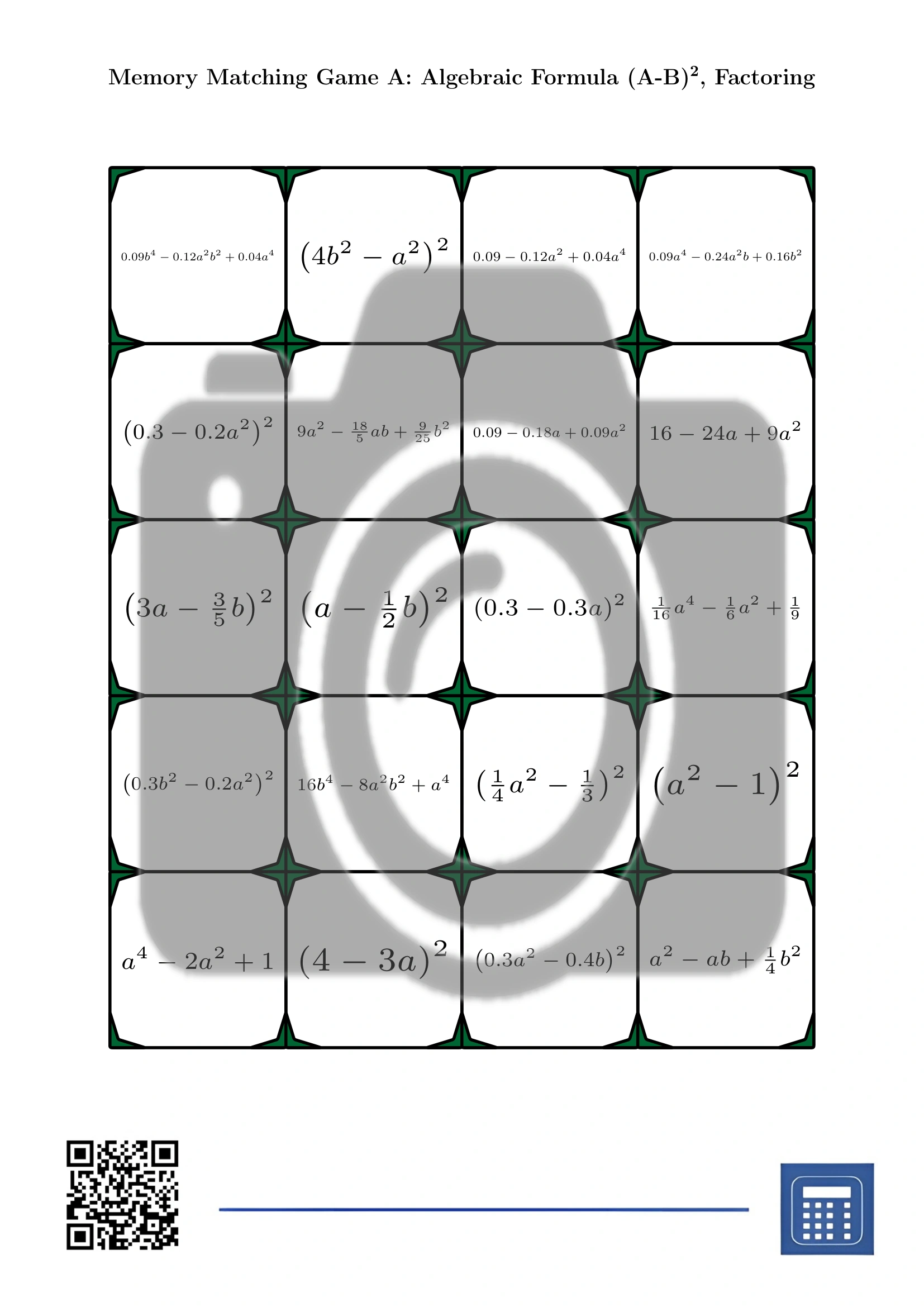 Memory matching game: Algebraic Formula (A-B)², Factoring - Image 2