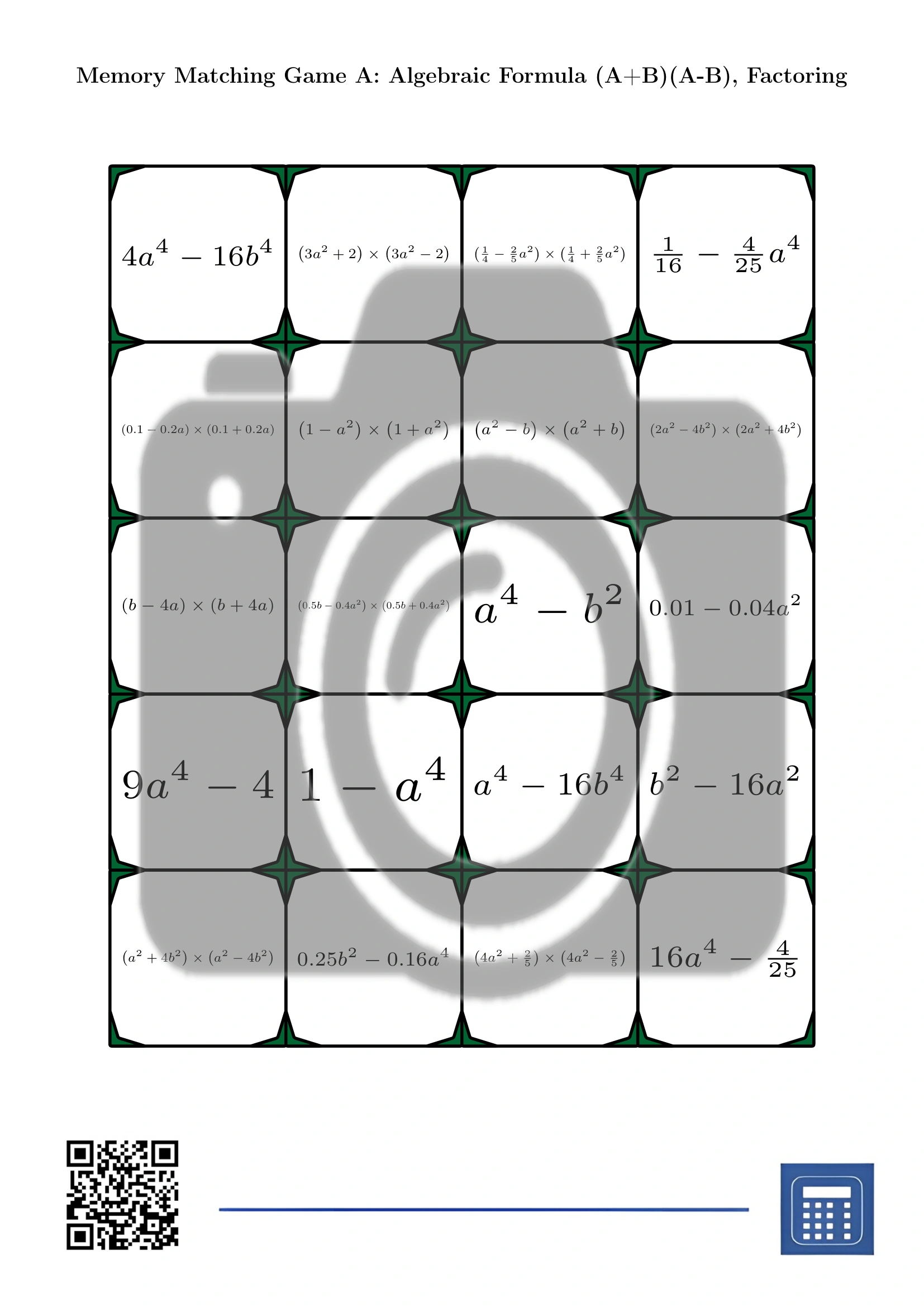 Memory matching game: Algebraic Formula (A+B)(A-B), Factoring - Image 2