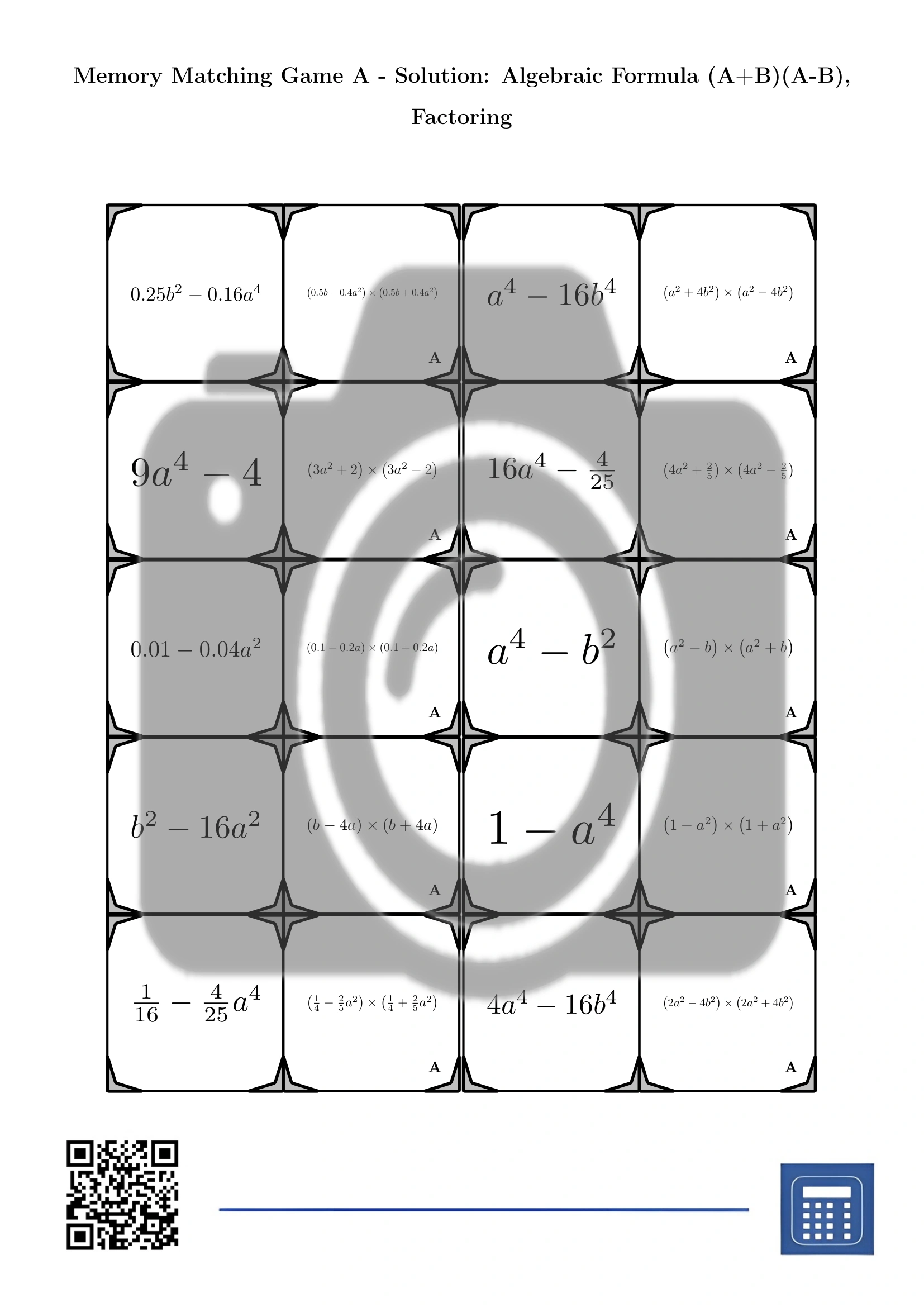 Memory matching game: Algebraic Formula (A+B)(A-B), Factoring - Image 4