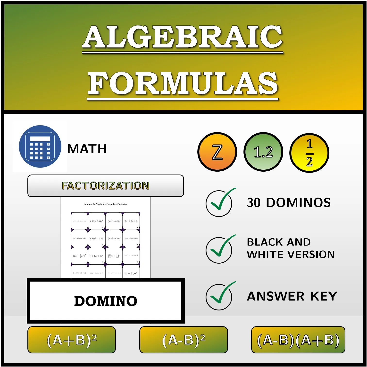 Domino: Algebraic Formulas, Factoring