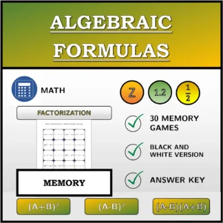 Memory matching game: Algebraic Formulas, Factoring