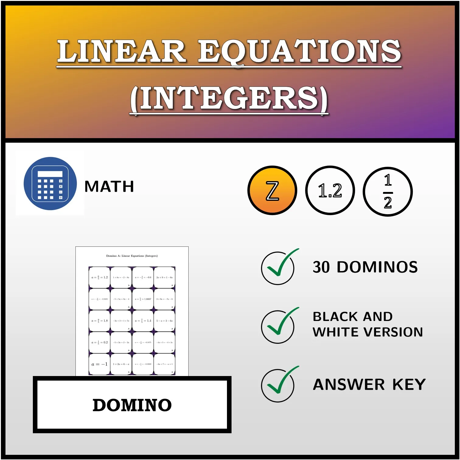 Domino: Linear Equations (Integers)