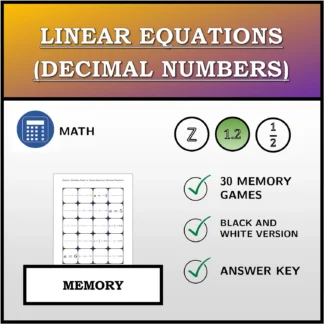 Memory matching game: Linear Equations (Decimal Numbers)