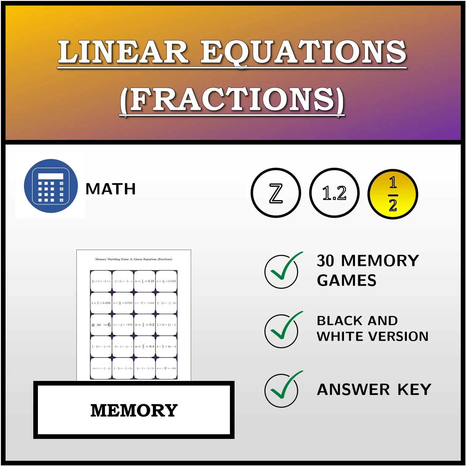 Memory matching game: Linear Equations (Fractions)