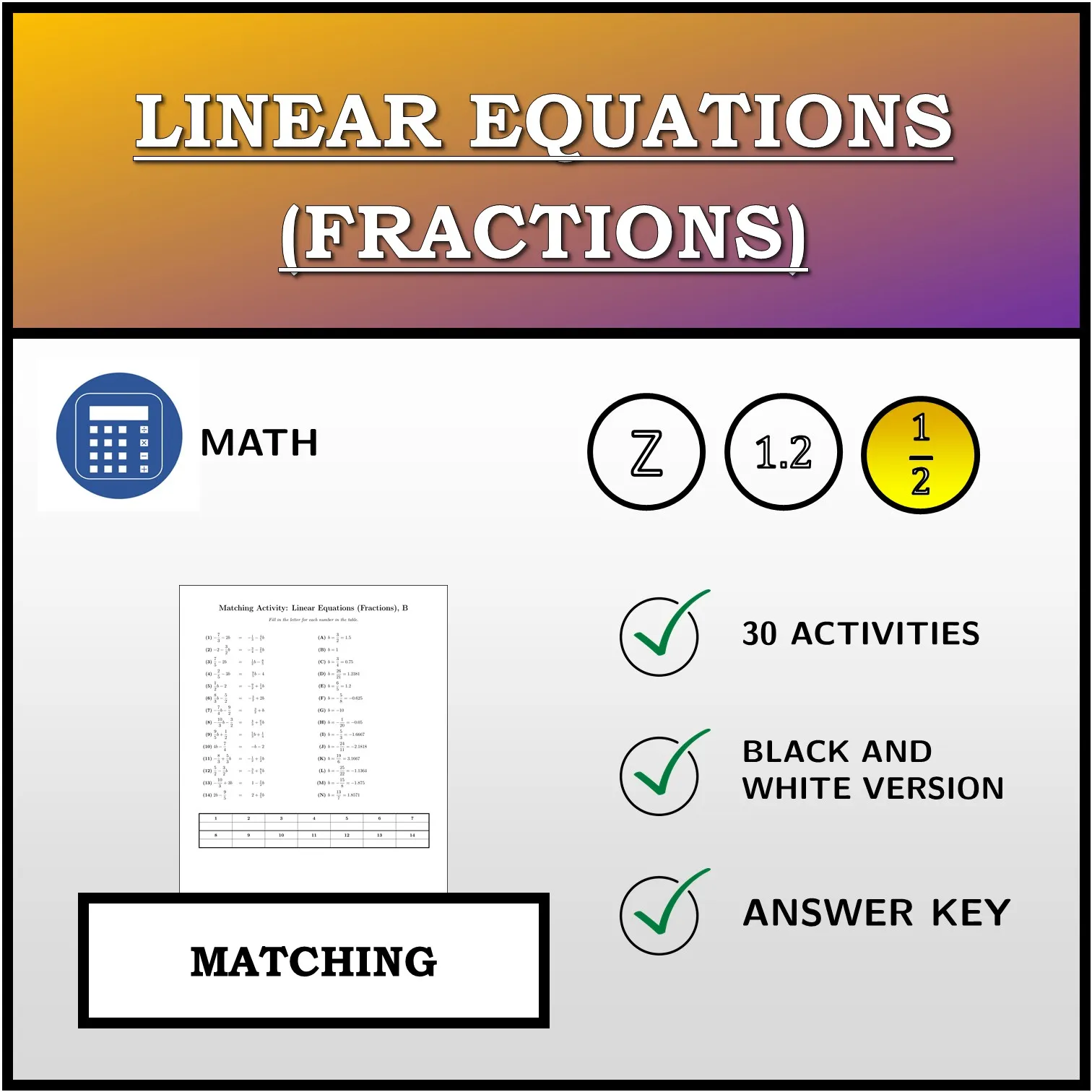 Matching activity: Linear Equations (Fractions)