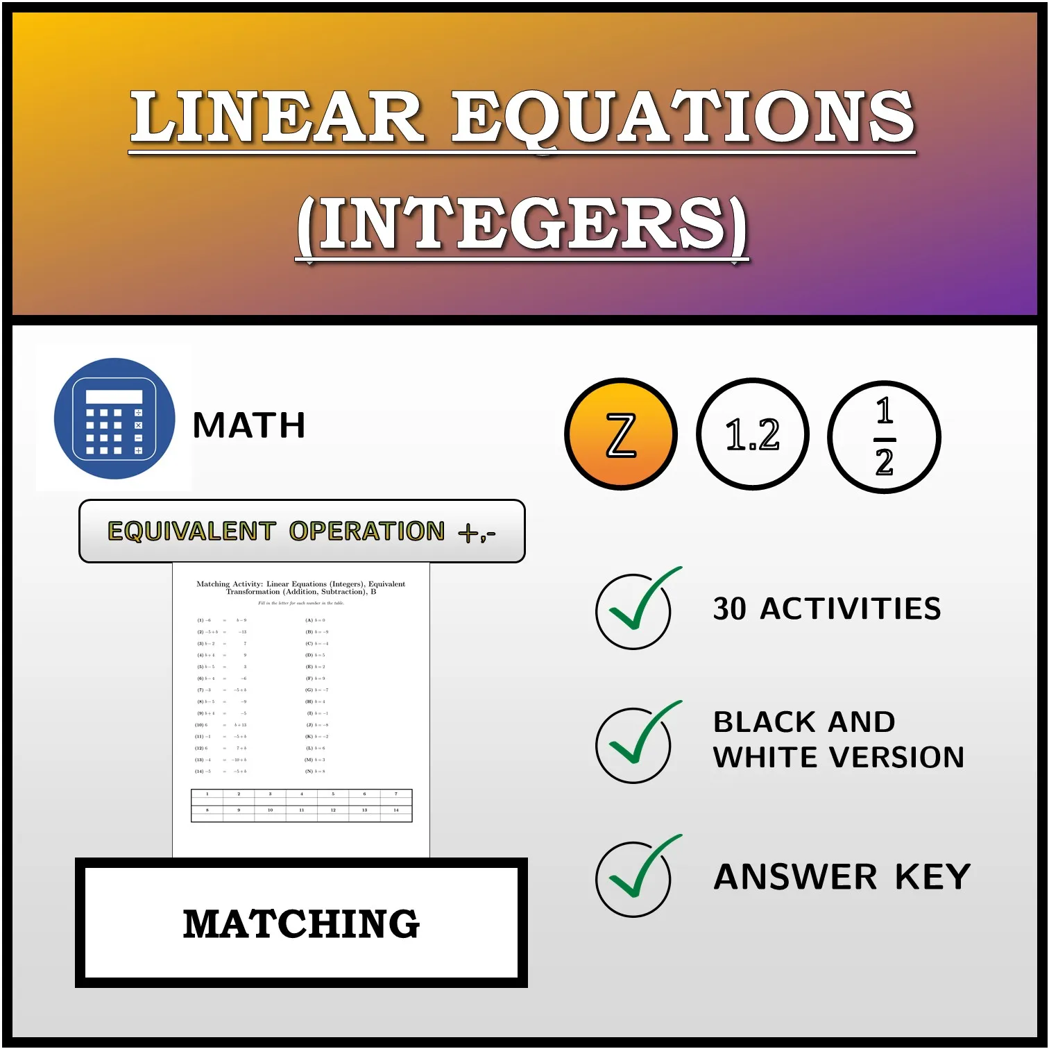 Matching activity: Linear Equations (Integers), Equivalent Transformation (Addition, Subtraction)