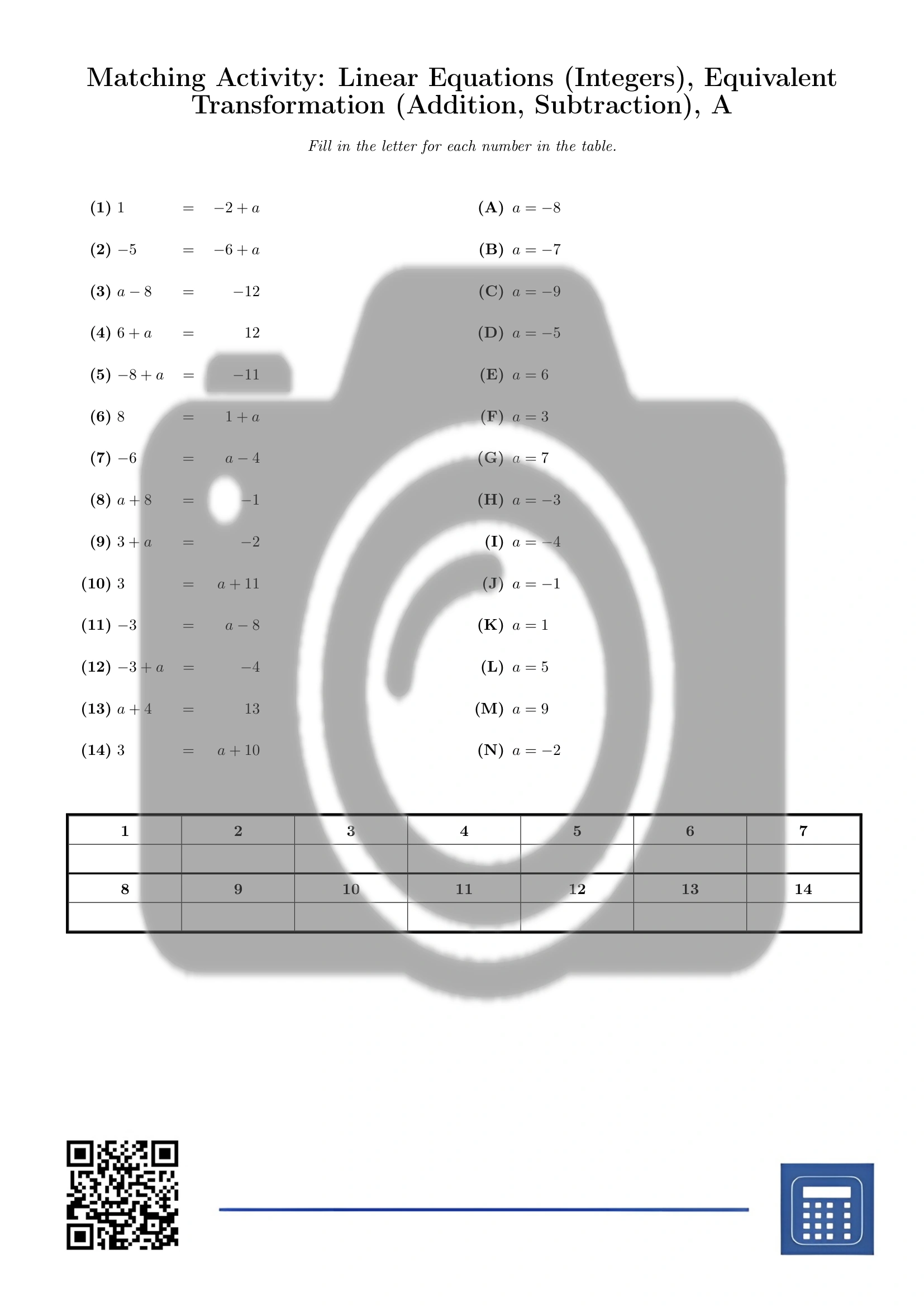 Matching activity: Linear Equations (Integers), Equivalent Transformation (Addition, Subtraction) - Image 2