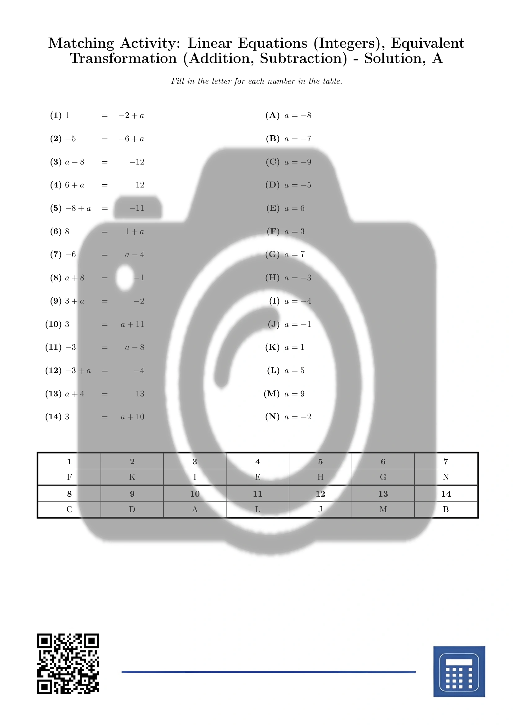Matching activity: Linear Equations (Integers), Equivalent Transformation (Addition, Subtraction) - Image 3