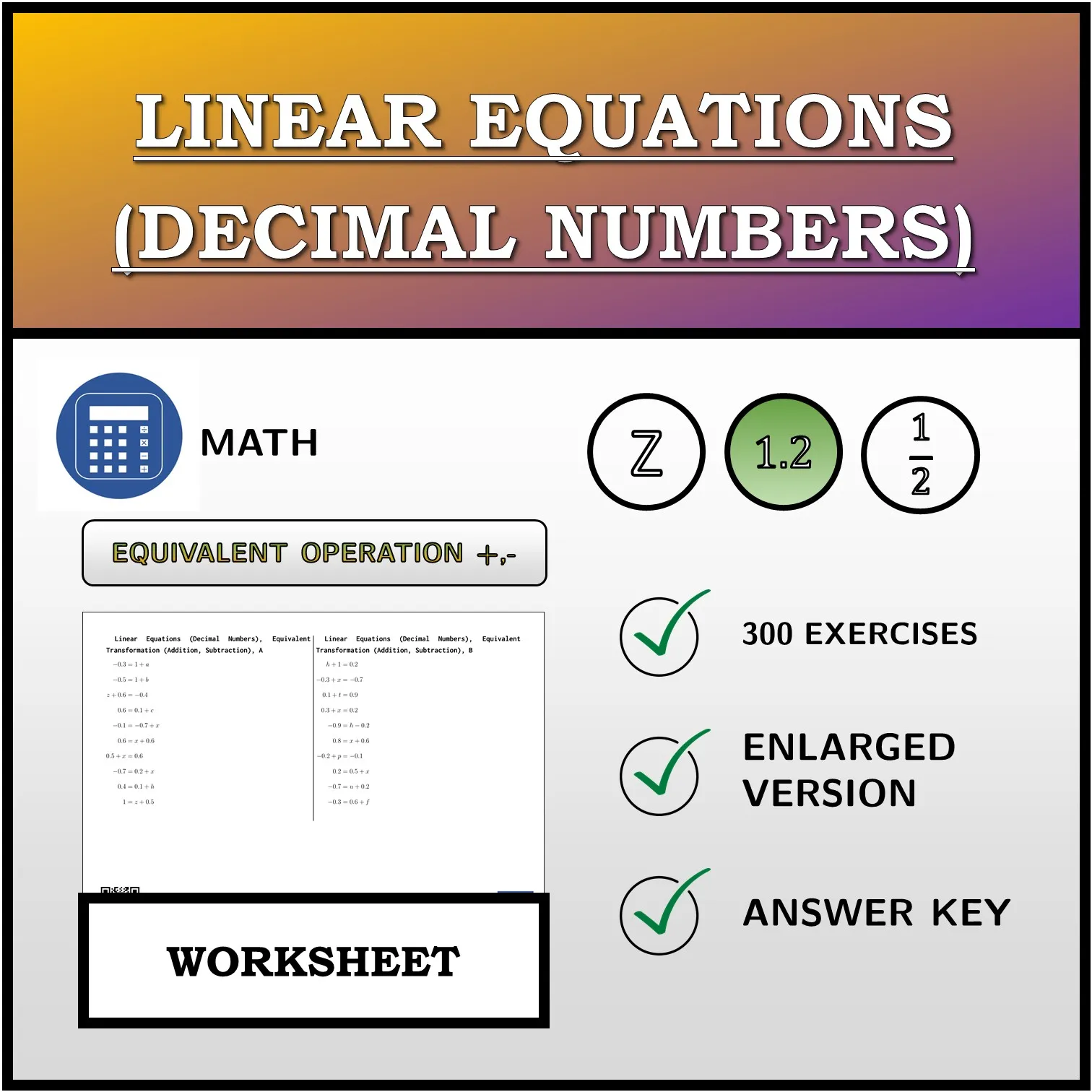 Worksheet: Linear Equations (Decimal Numbers), Equivalent Transformation (Addition, Subtraction)