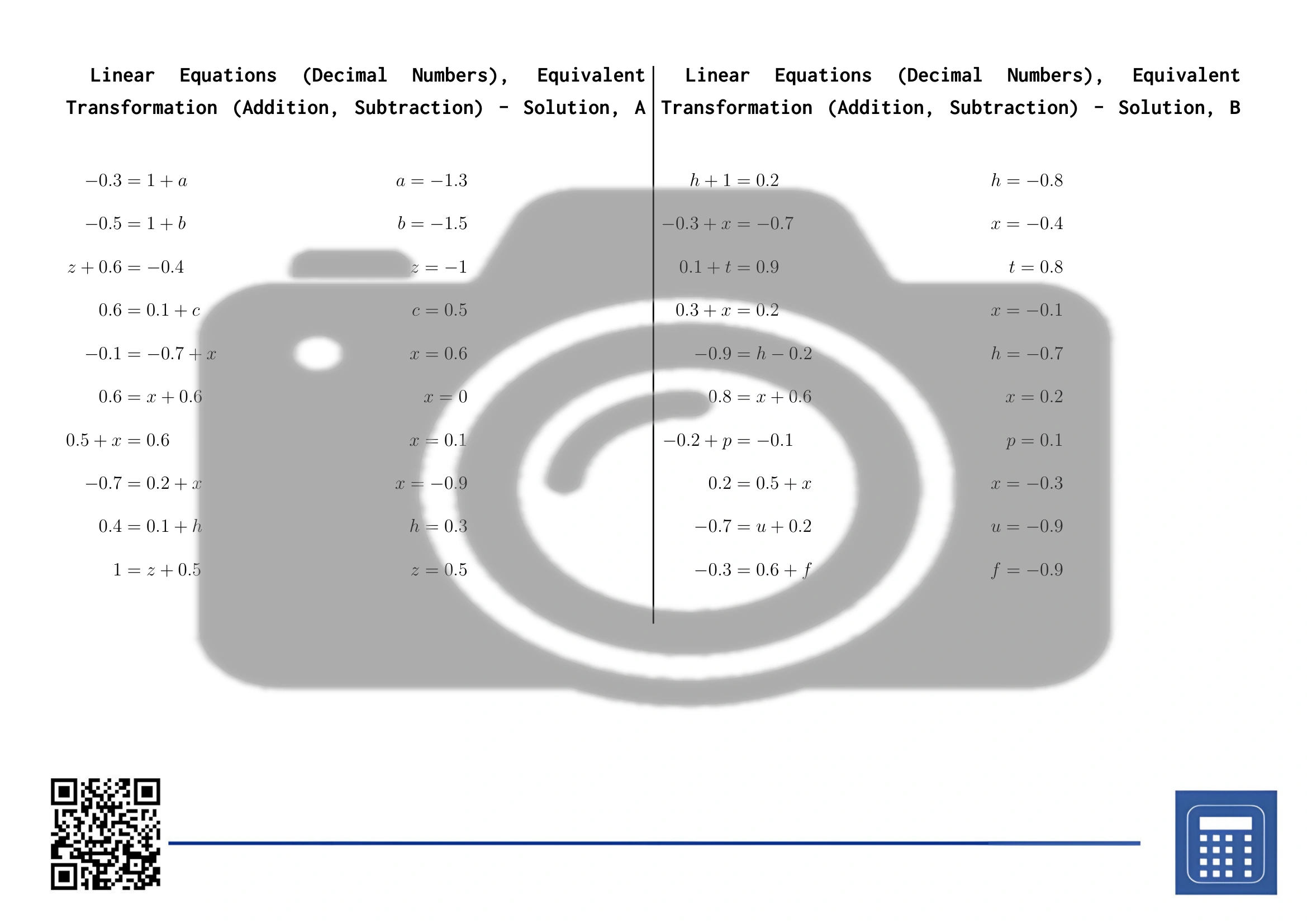 Worksheet: Linear Equations (Decimal Numbers), Equivalent Transformation (Addition, Subtraction) - Image 4