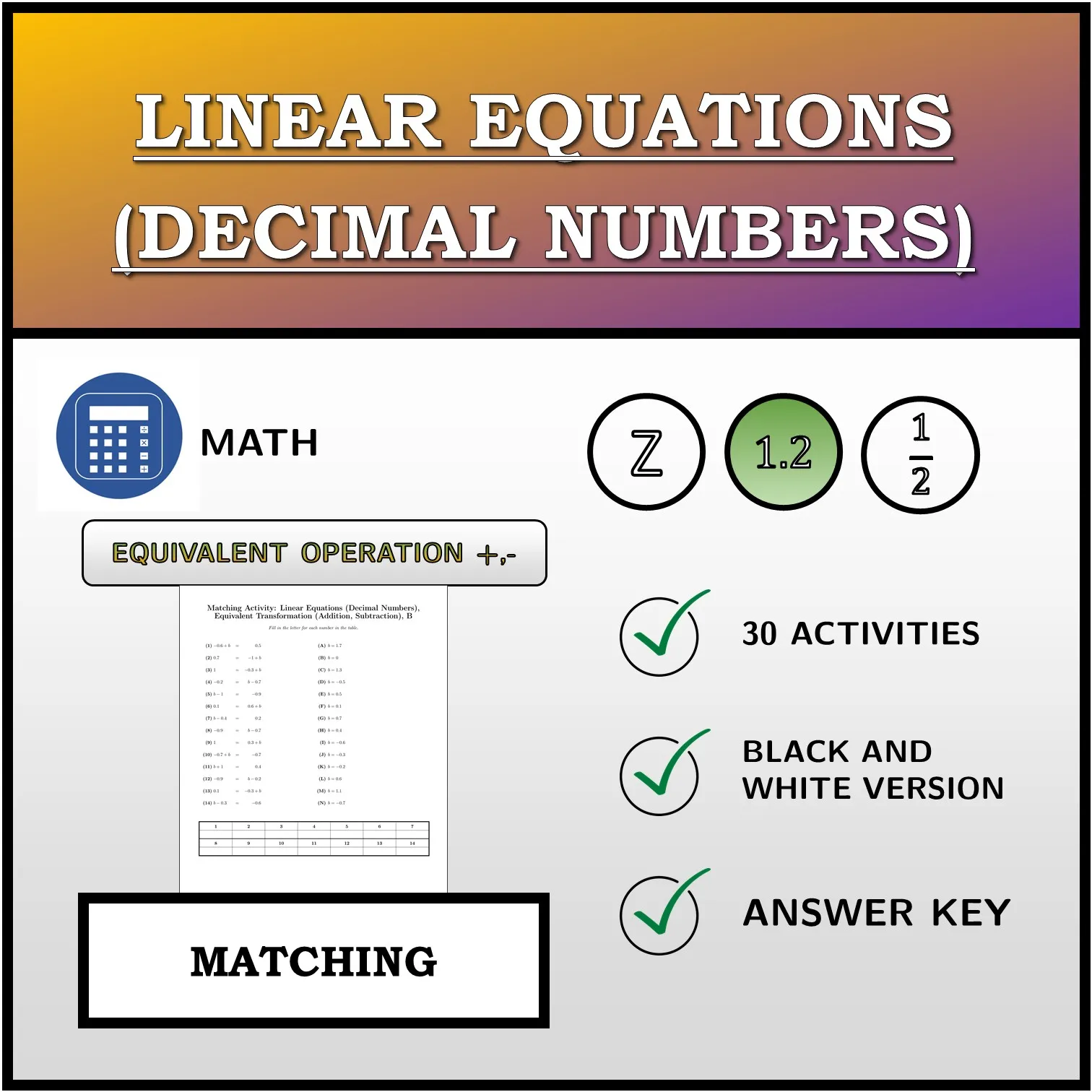 Matching activity: Linear Equations (Decimal Numbers), Equivalent Transformation (Addition, Subtraction)