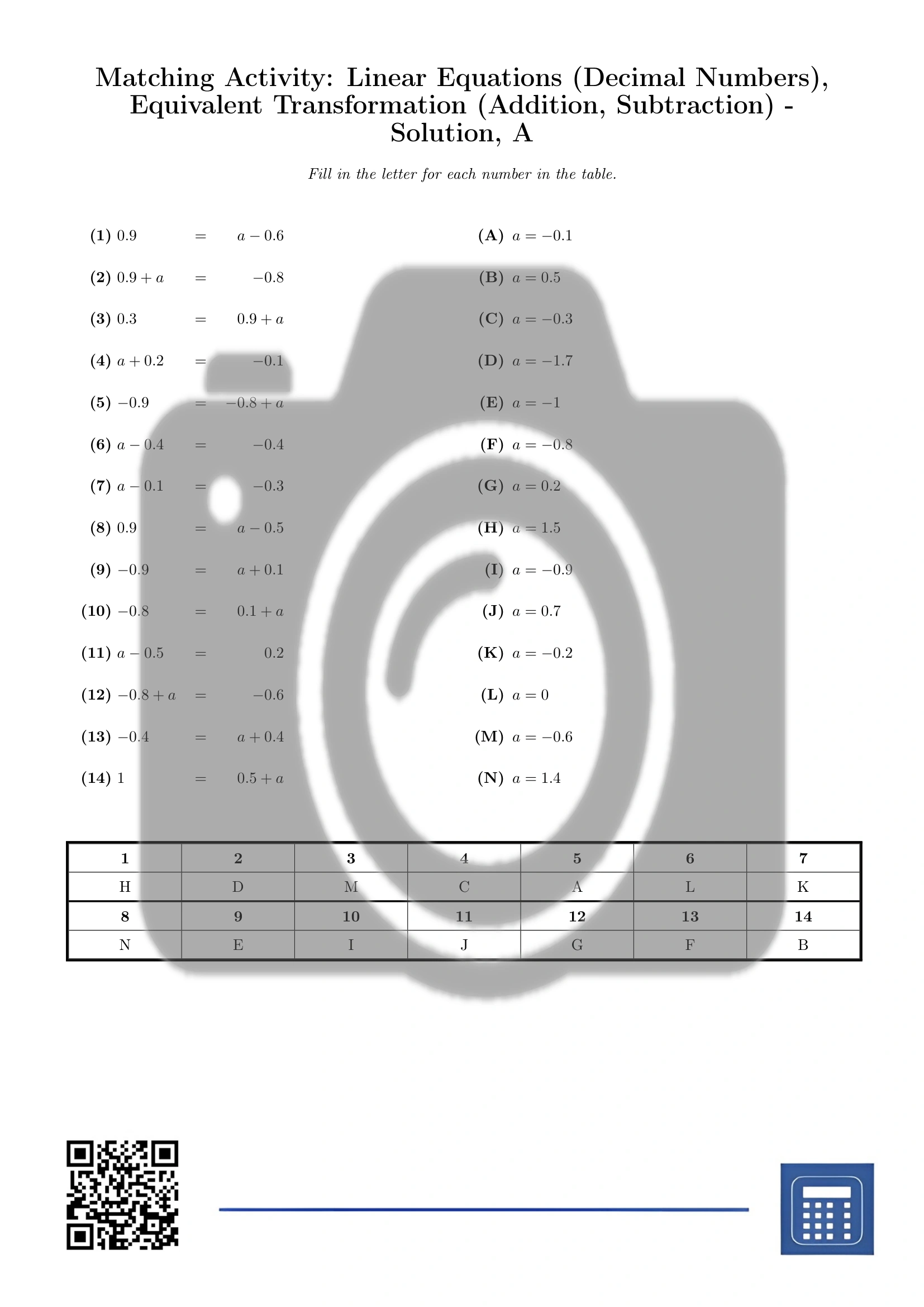 Matching activity: Linear Equations (Decimal Numbers), Equivalent Transformation (Addition, Subtraction) - Image 3