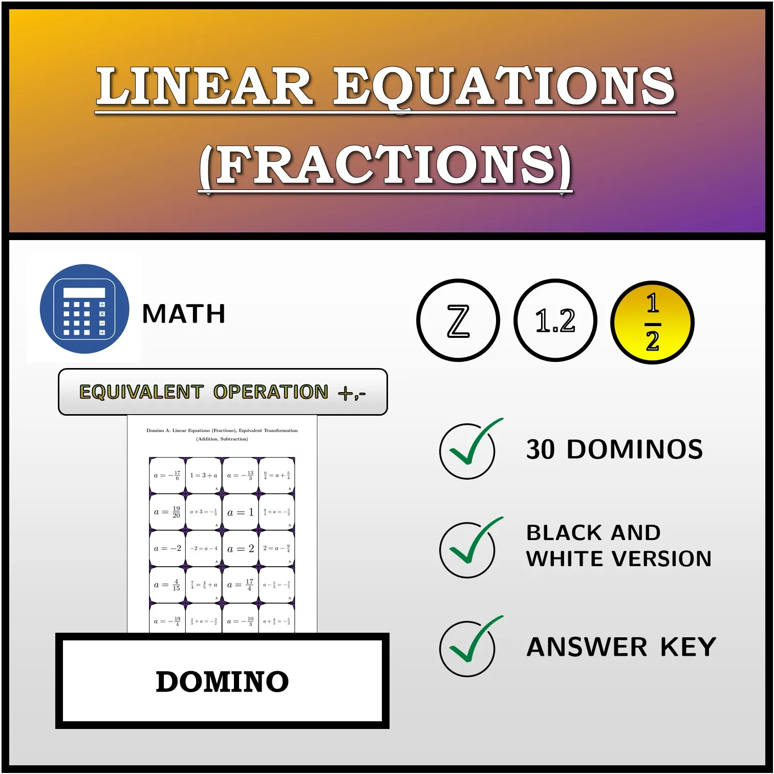 Domino: Linear Equations (Fractions), Equivalent Transformation (Addition, Subtraction)