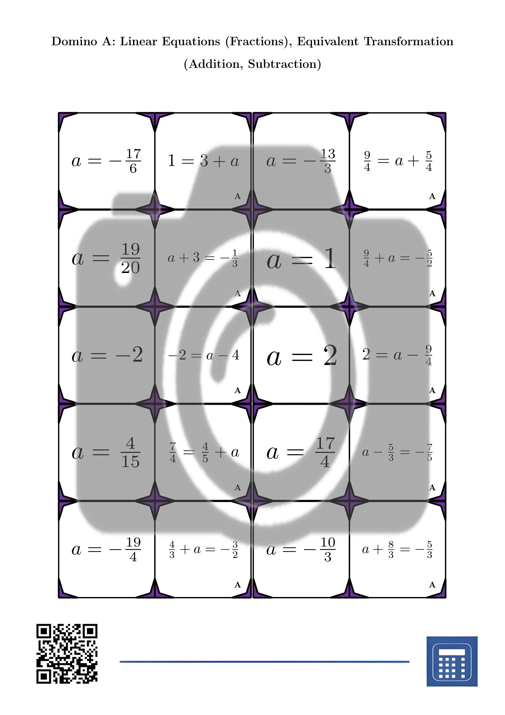 Domino: Linear Equations (Fractions), Equivalent Transformation (Addition, Subtraction) - Image 2