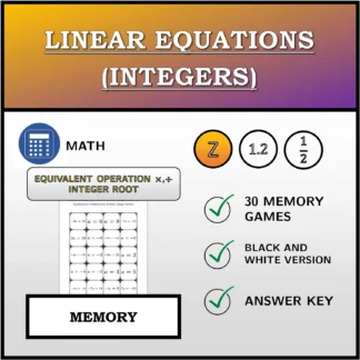 Memory matching game: Linear Equations (Integers), Equivalent Transformation (Multiplication, Division), Integer Solution