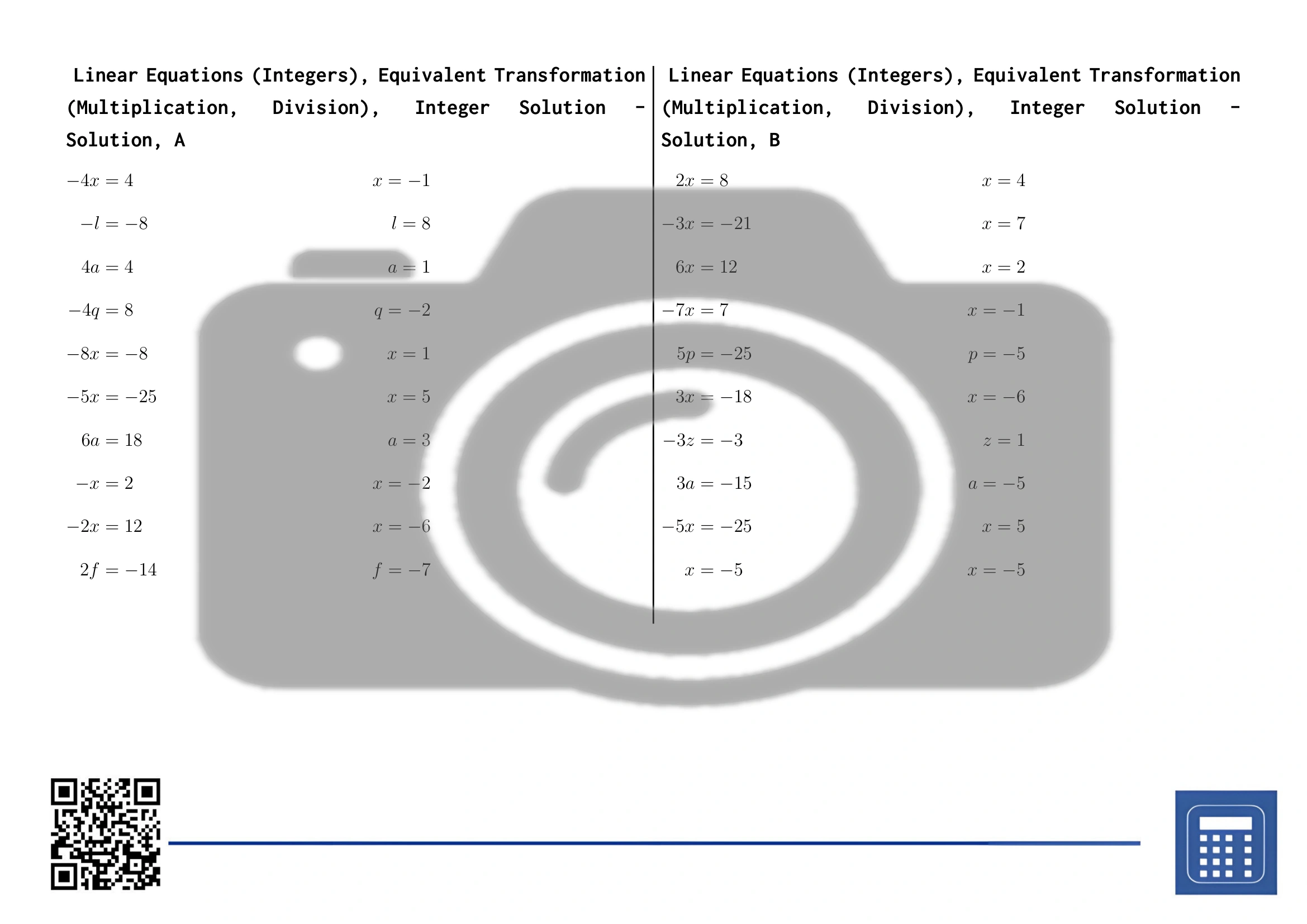 Worksheet: Linear Equations (Integers), Equivalent Transformation (Multiplication, Division), Integer Solution - Image 4