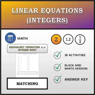 Matching activity: Linear Equations (Integers), Equivalent Transformation (Multiplication, Division), Integer Solution