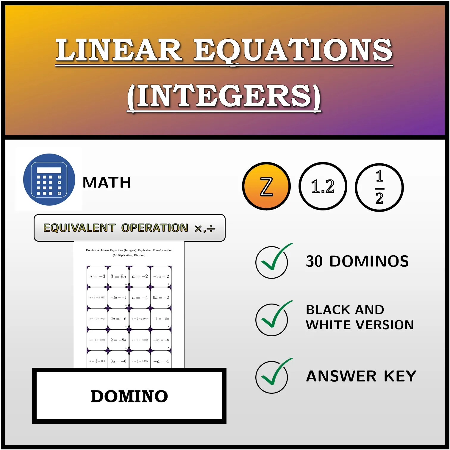 Domino: Linear Equations (Integers), Equivalent Transformation (Multiplication, Division)