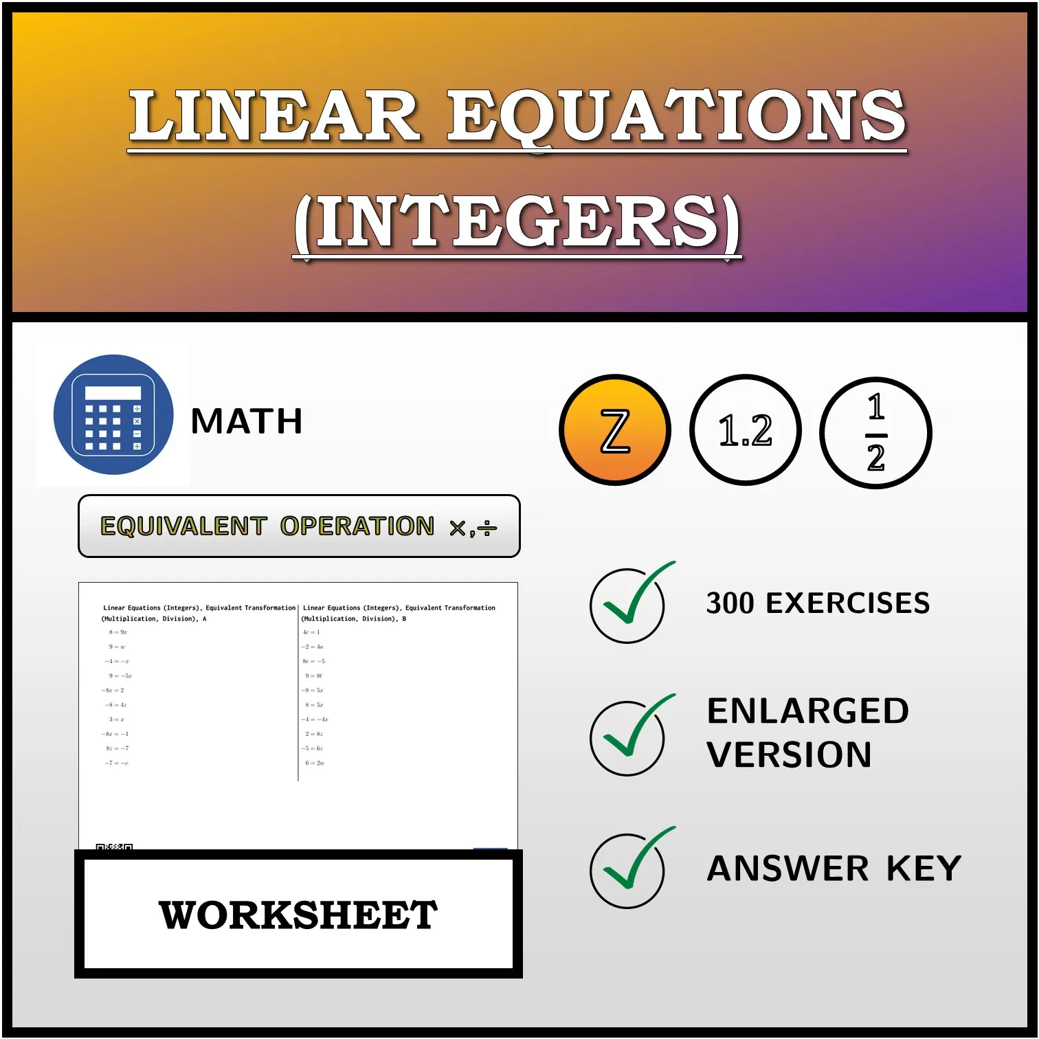 Worksheet: Linear Equations (Integers), Equivalent Transformation (Multiplication, Division)