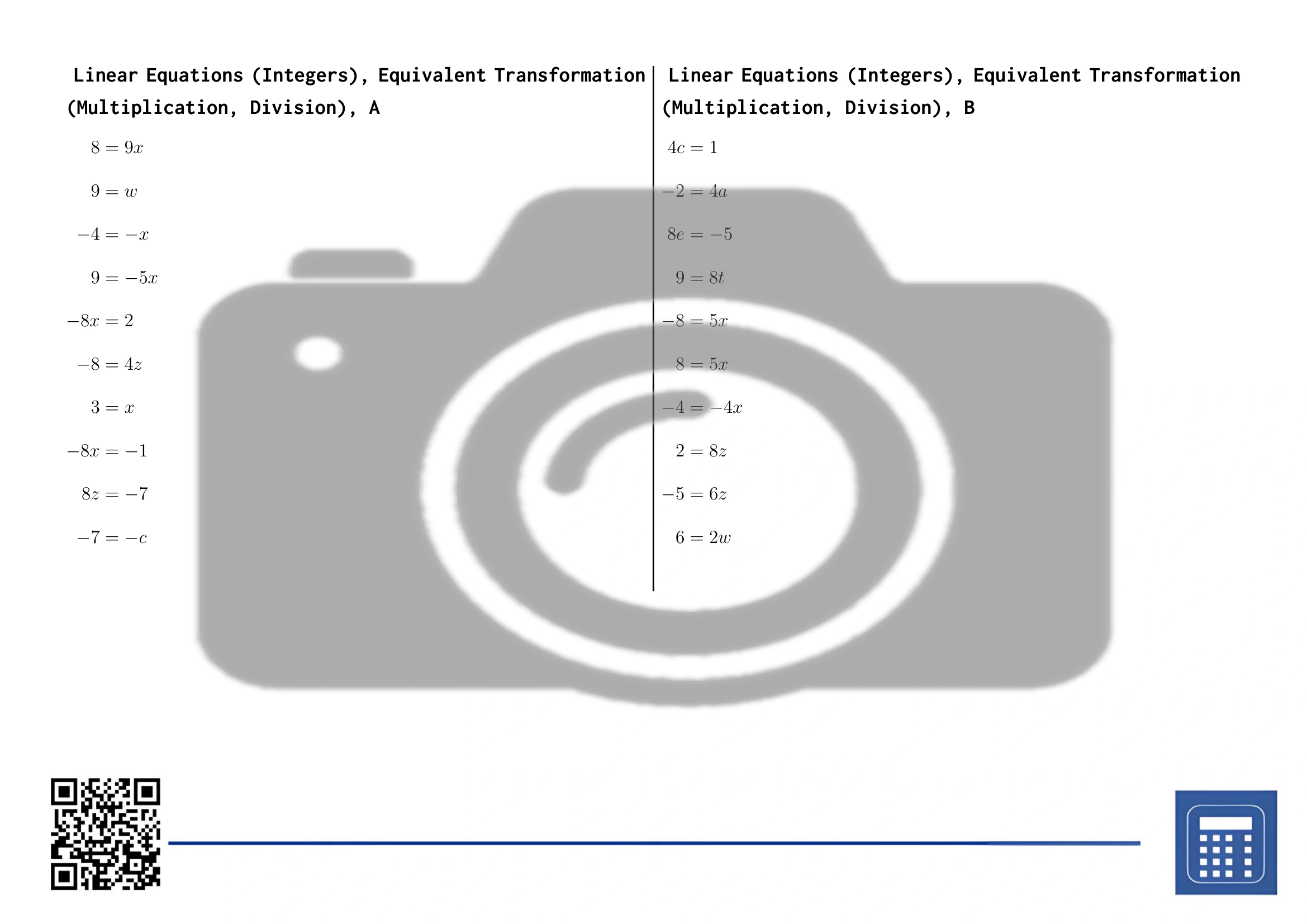 Worksheet: Linear Equations (Integers), Equivalent Transformation (Multiplication, Division) - Image 2