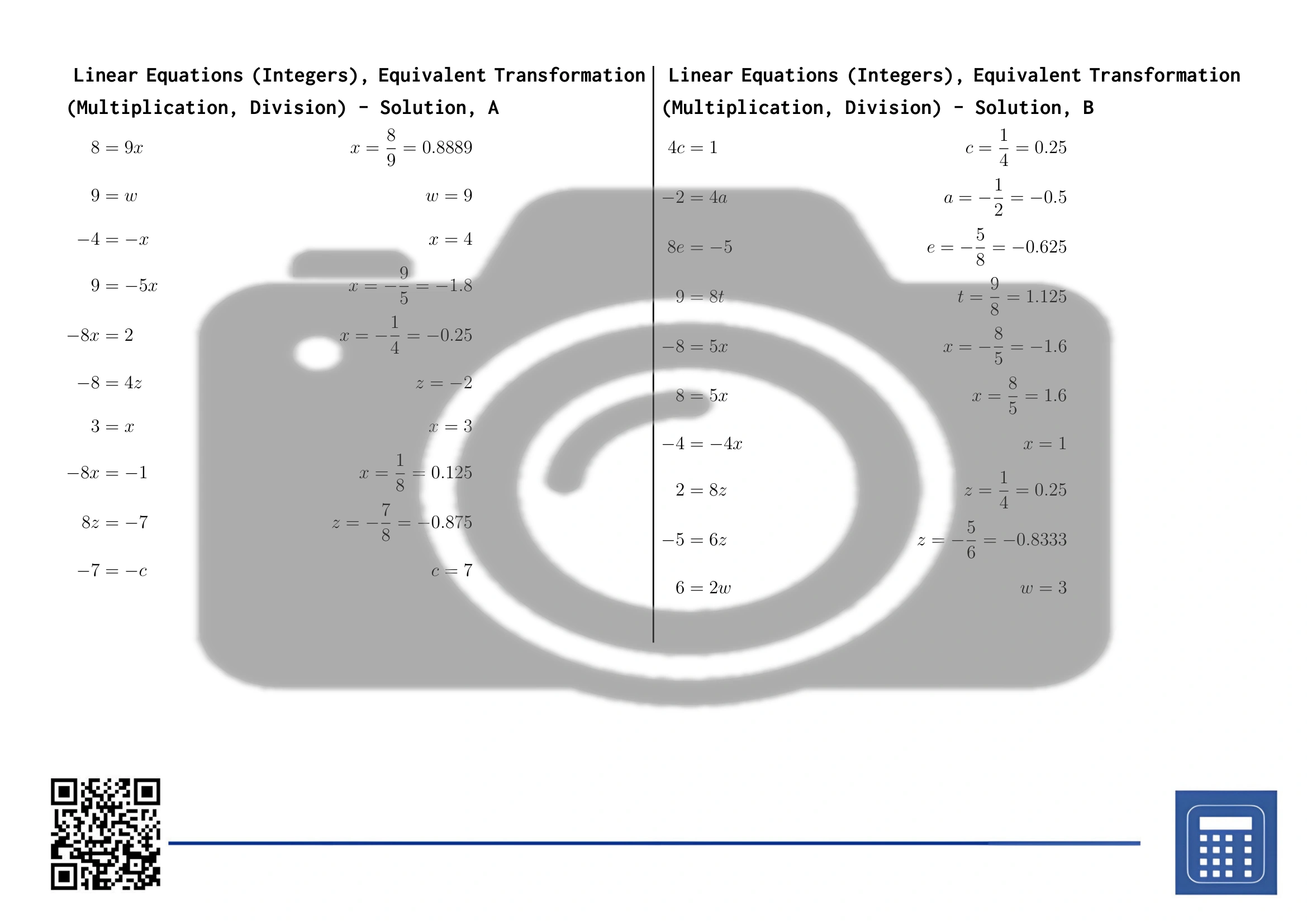 Worksheet: Linear Equations (Integers), Equivalent Transformation (Multiplication, Division) - Image 4