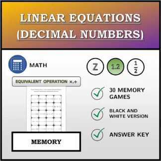Memory matching game: Linear Equations (Decimal Numbers), Equivalent Transformation (Multiplication, Division)