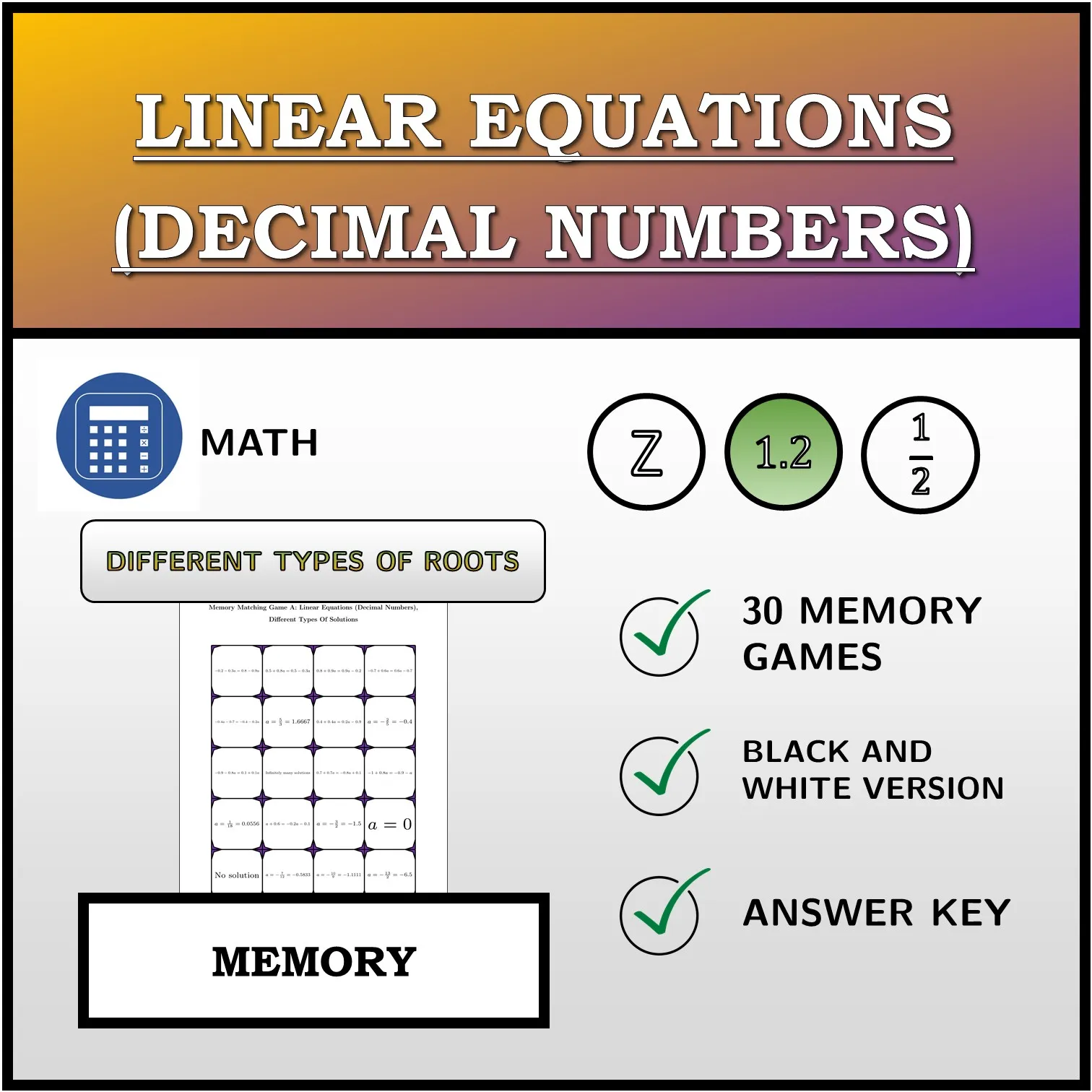 Memory matching game: Linear Equations (Decimal Numbers), Different Types Of Solutions