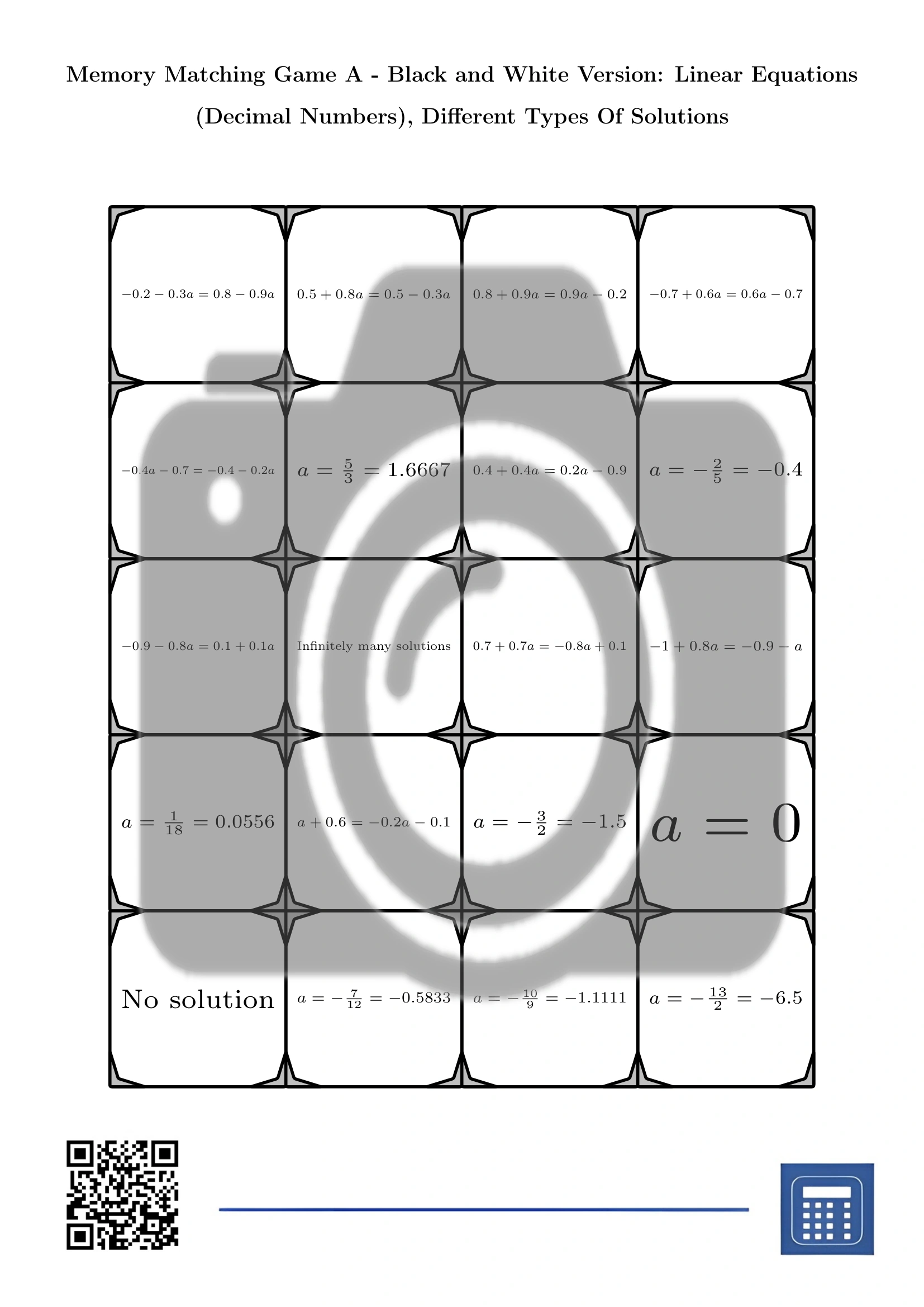 Memory matching game: Linear Equations (Decimal Numbers), Different Types Of Solutions - Image 3