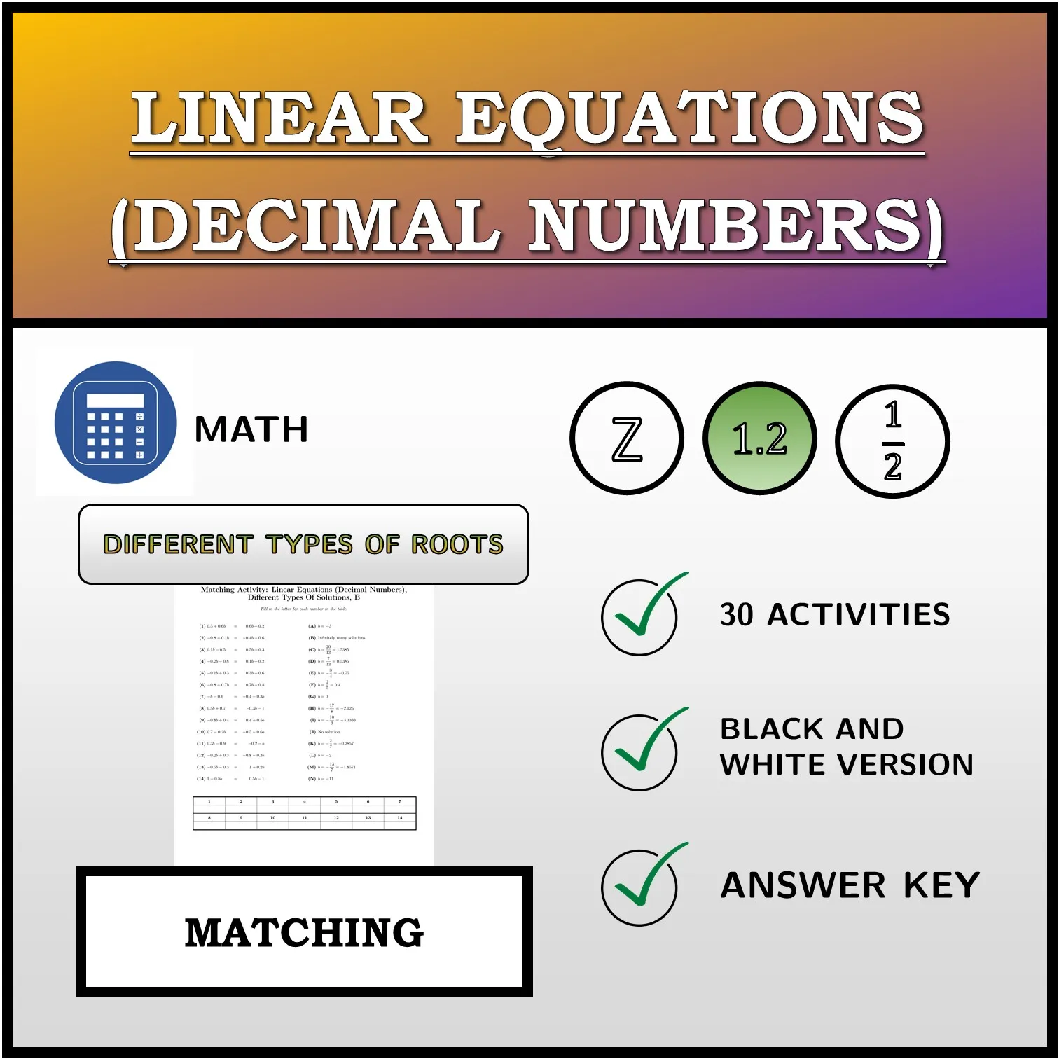 Matching activity: Linear Equations (Decimal Numbers), Different Types Of Solutions