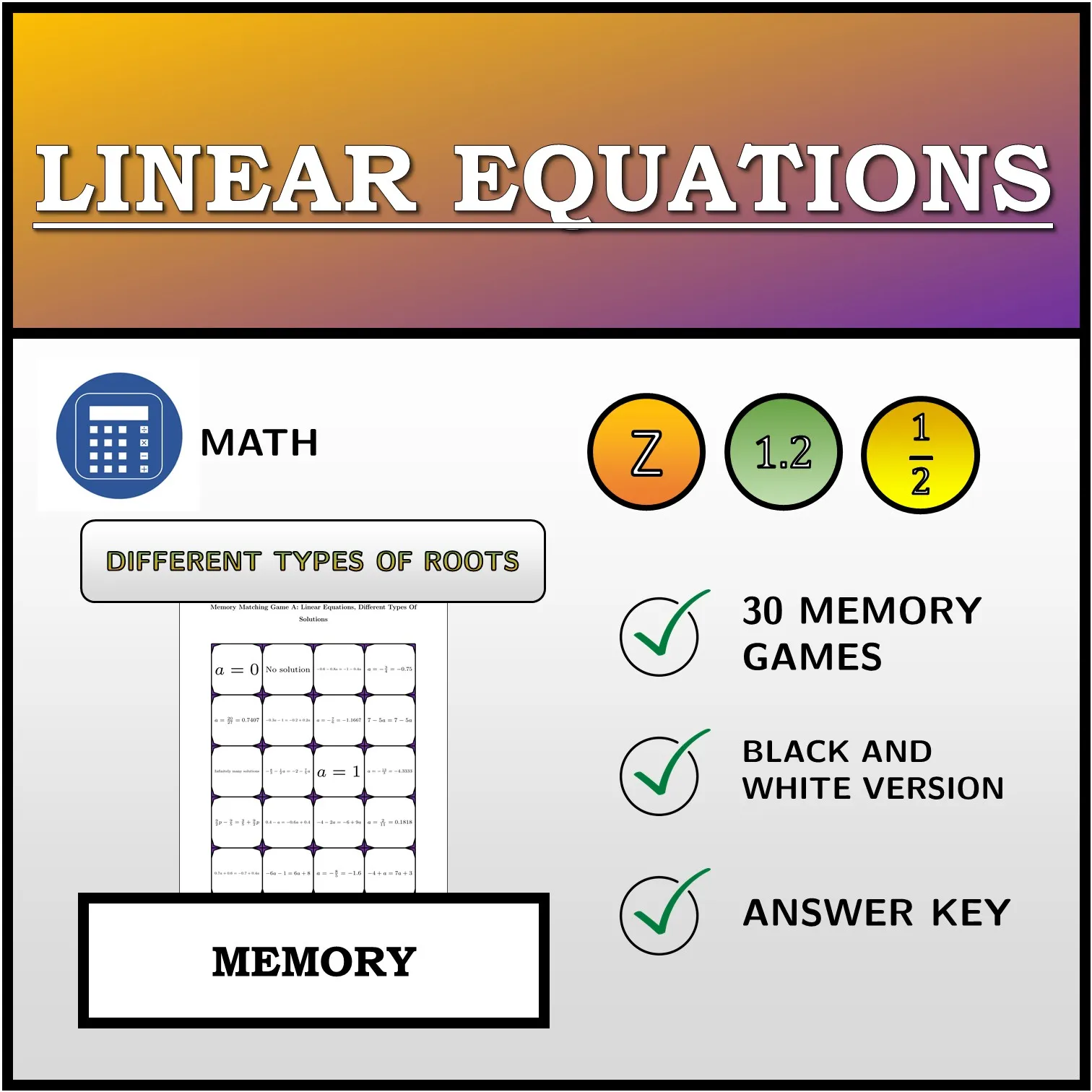 Memory matching game: Linear Equations, Different Types Of Solutions