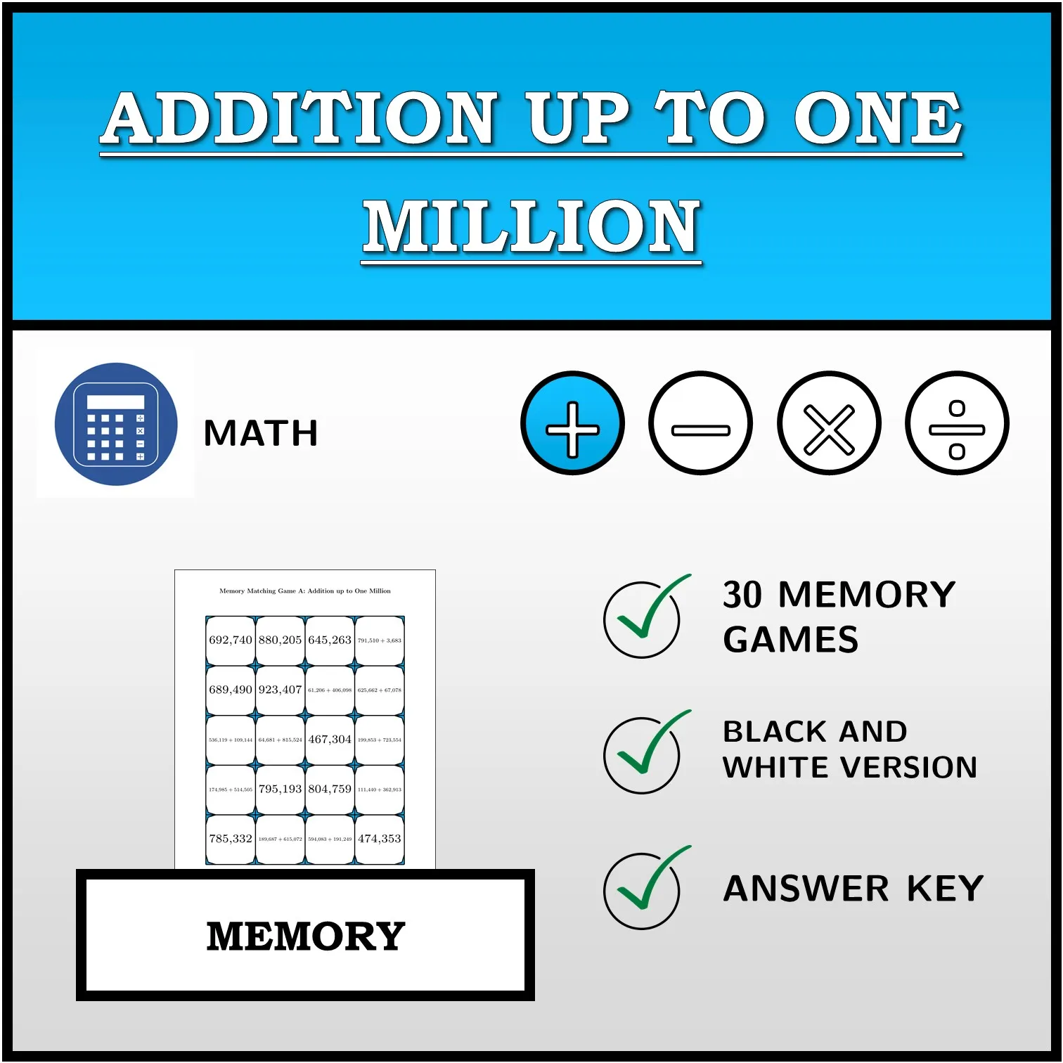 Memory matching game: Addition up to One Million
