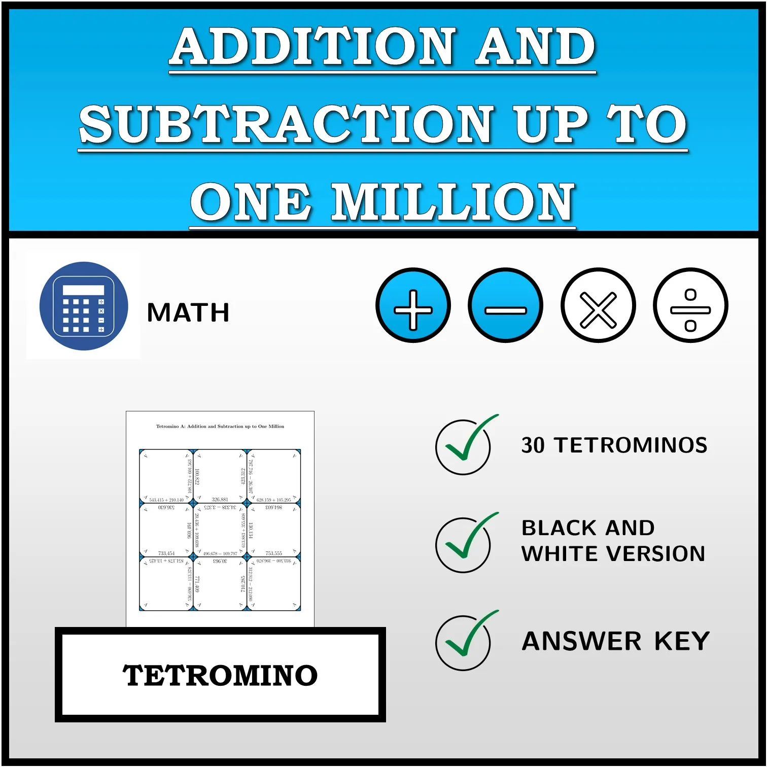 Tetromino: Addition and Subtraction up to One Million