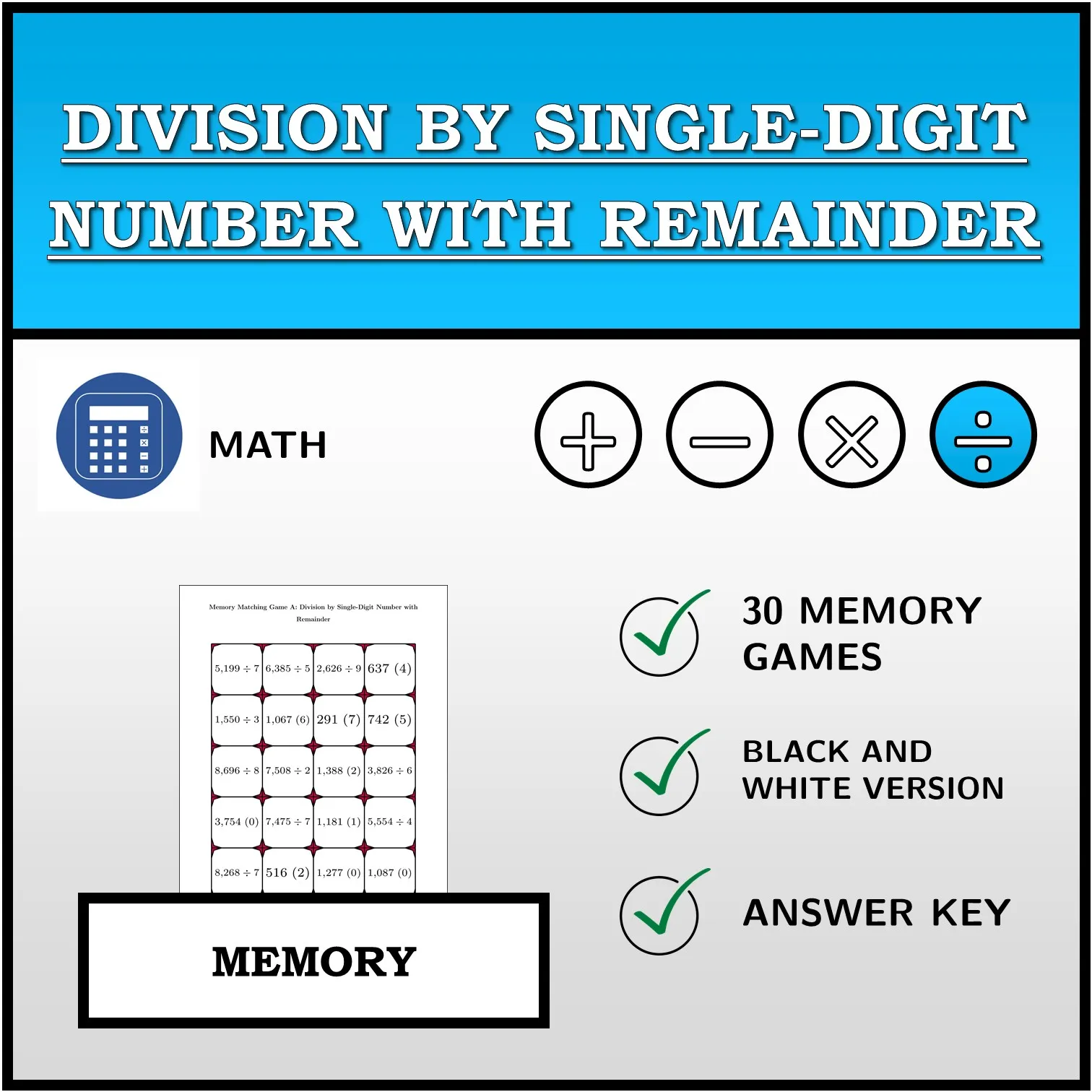 Memory matching game: Division by Single-Digit Number with Remainder