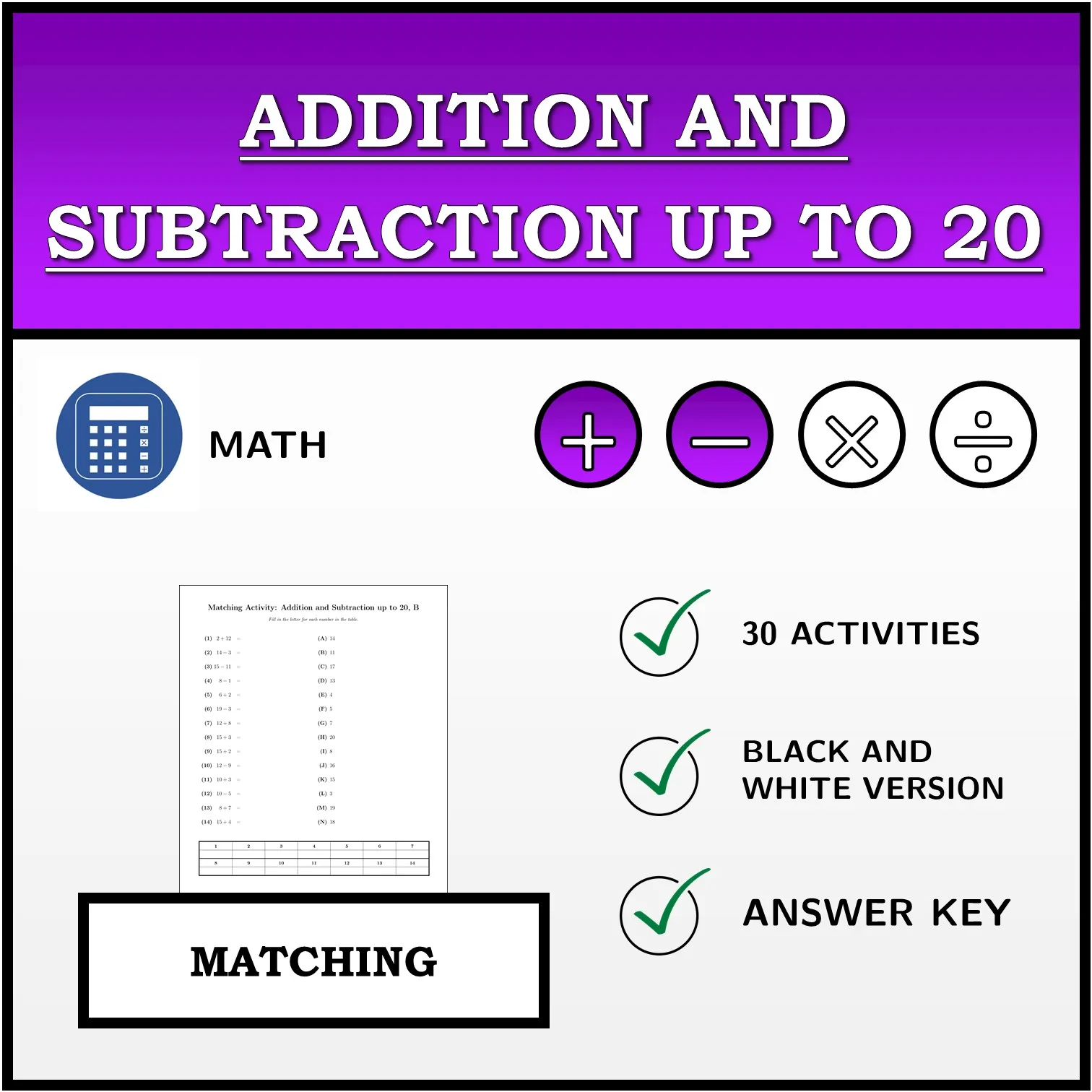 Matching activity: Addition and Subtraction up to 20