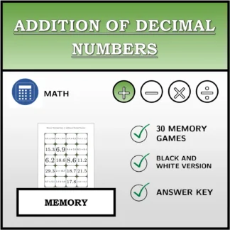Memory matching game: Addition of Decimal Numbers