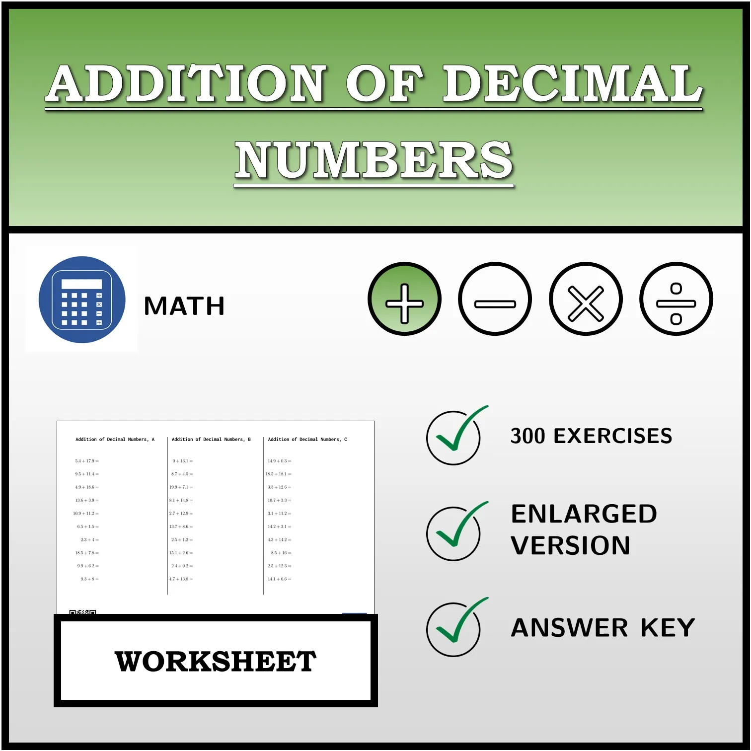 Worksheet: Addition of Decimal Numbers