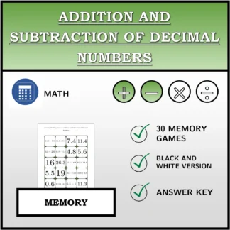Memory matching game: Addition and Subtraction of Decimal Numbers