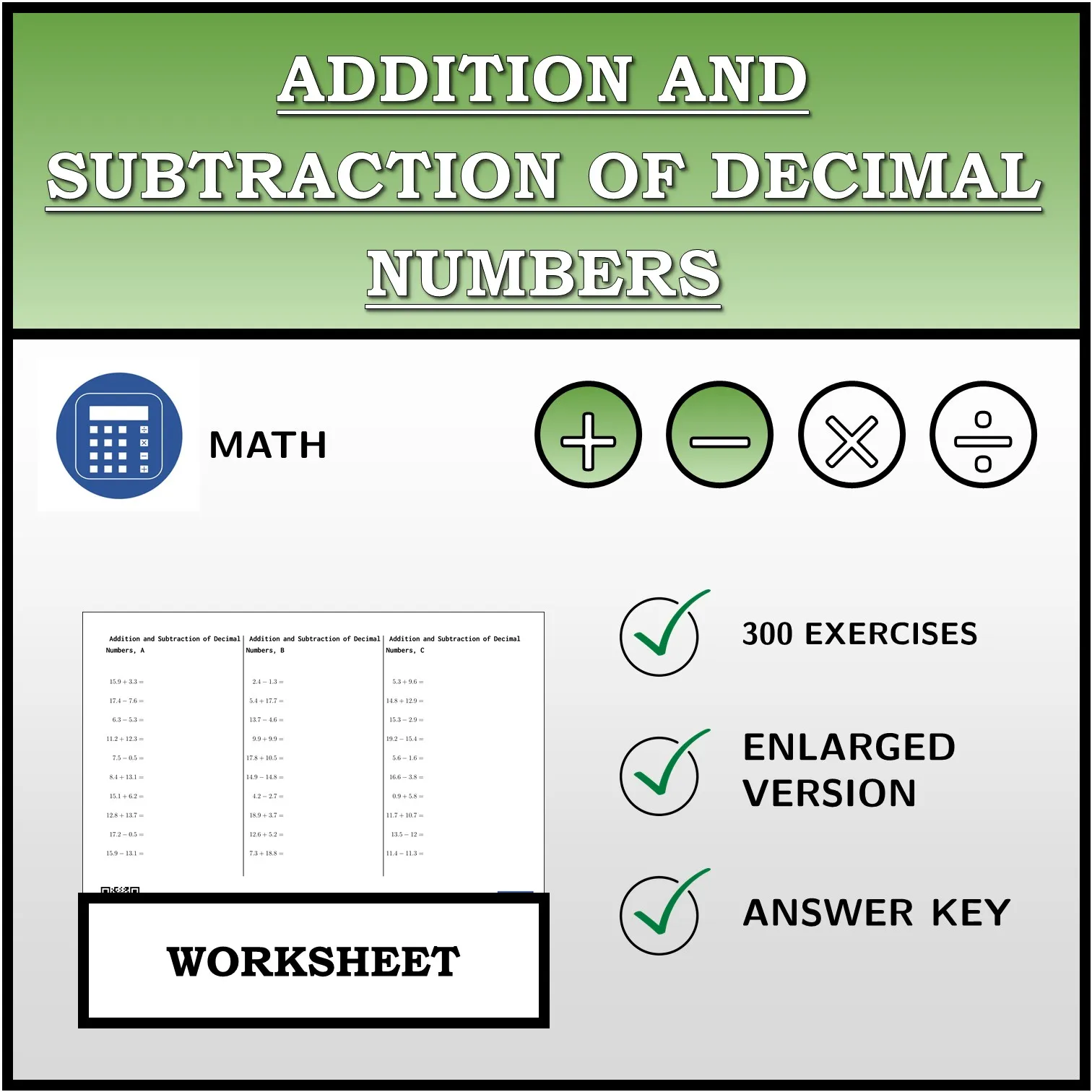 Worksheet: Addition and Subtraction of Decimal Numbers