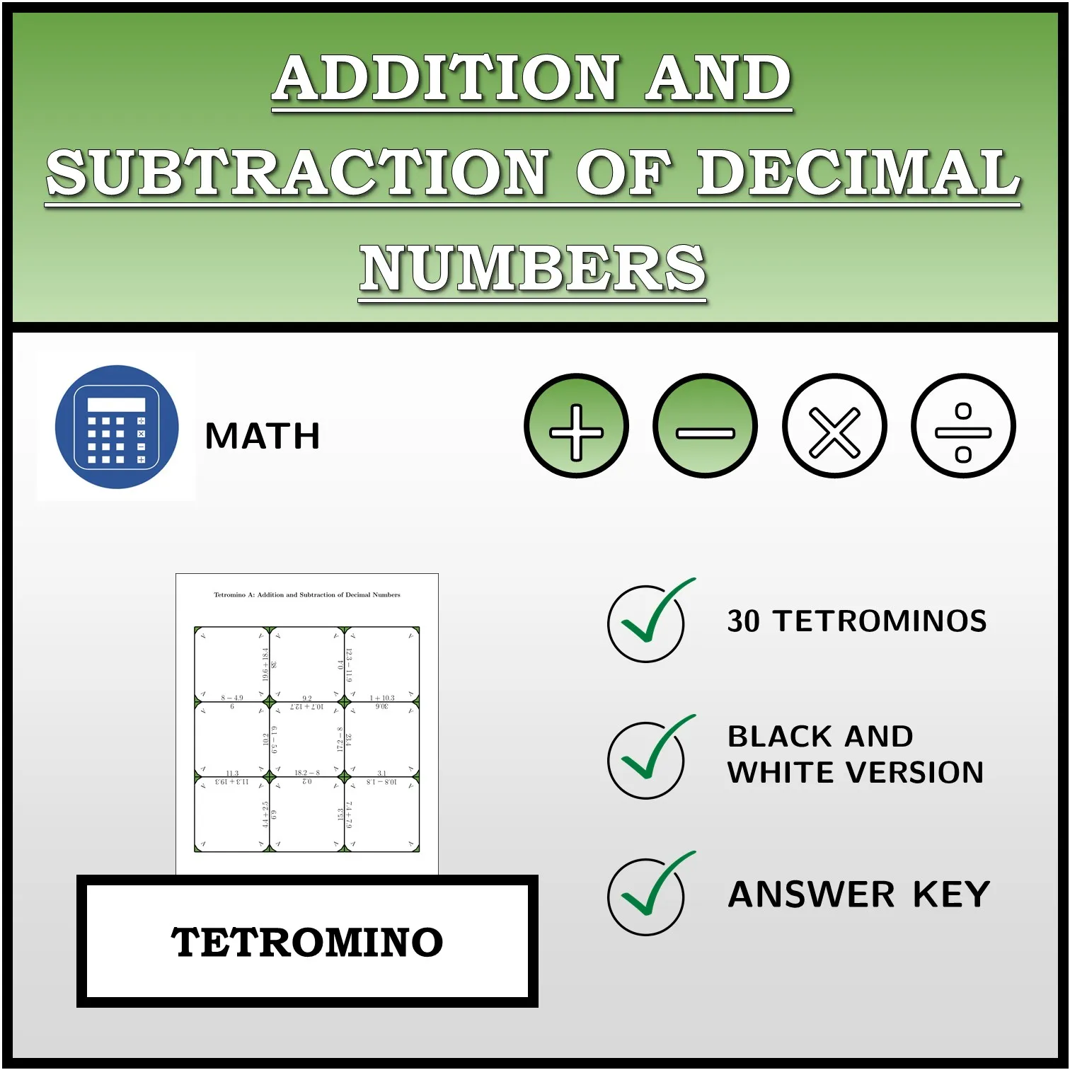 Tetromino: Addition and Subtraction of Decimal Numbers