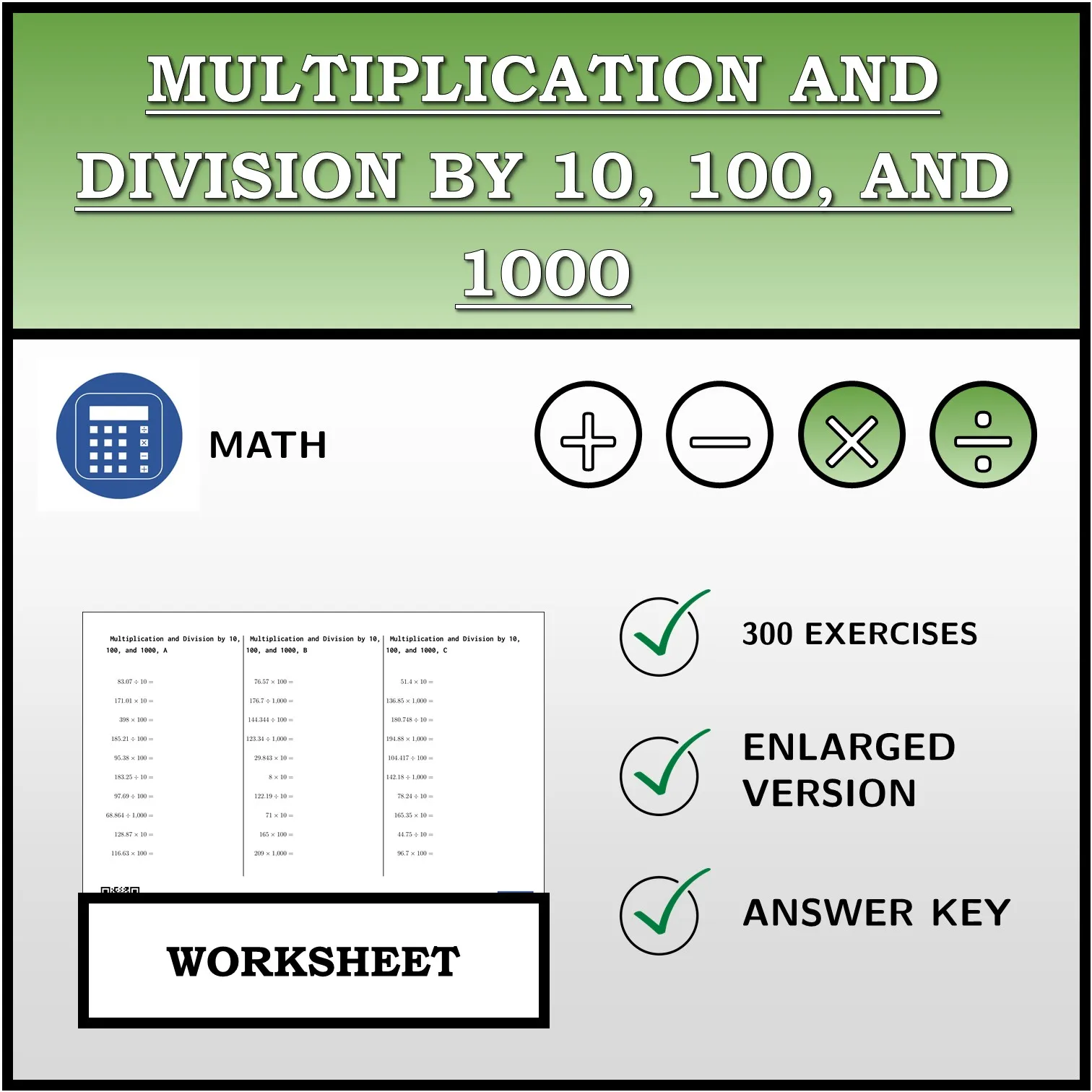 Worksheet: Multiplication and Division by 10, 100, and 1000
