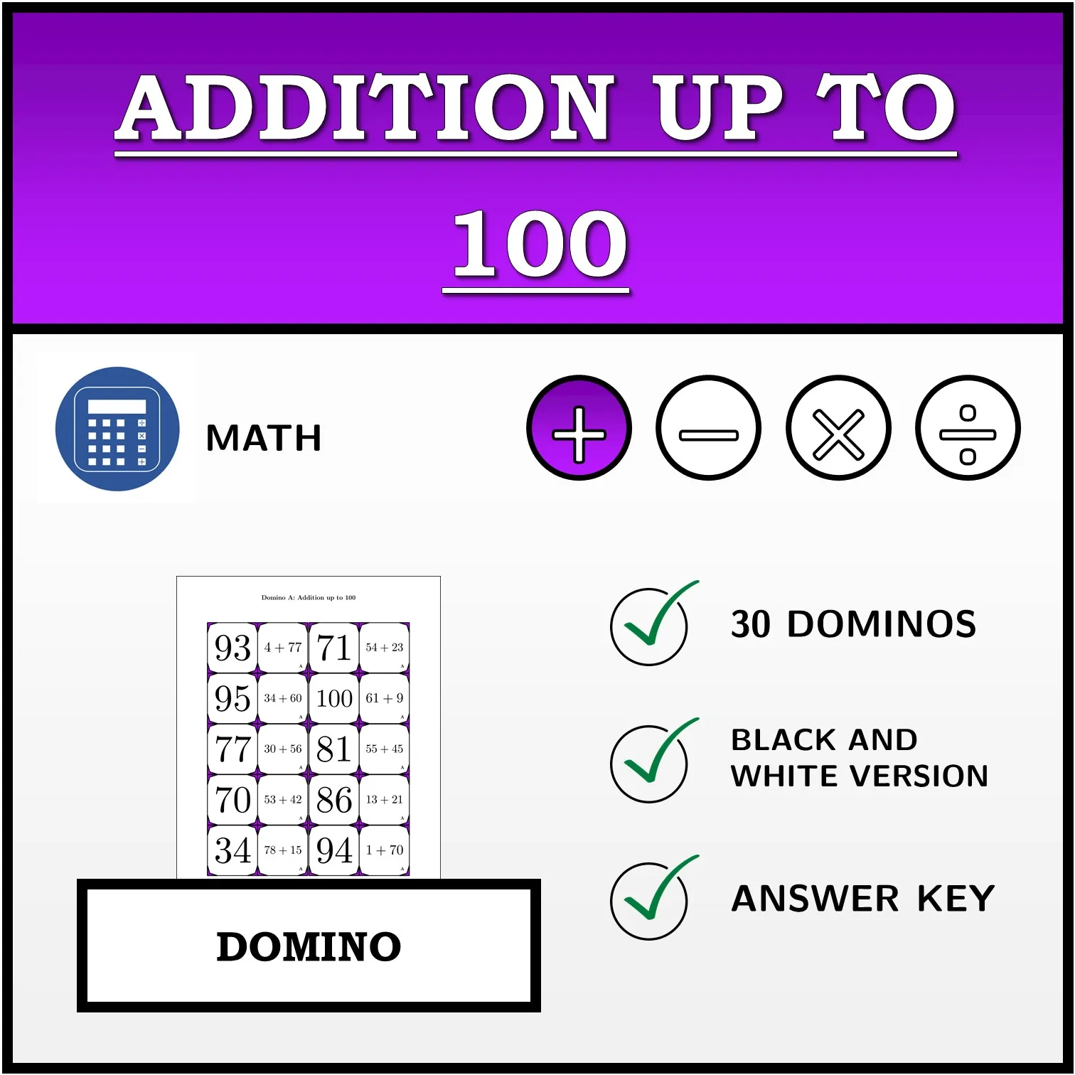 Domino: Addition up to 100